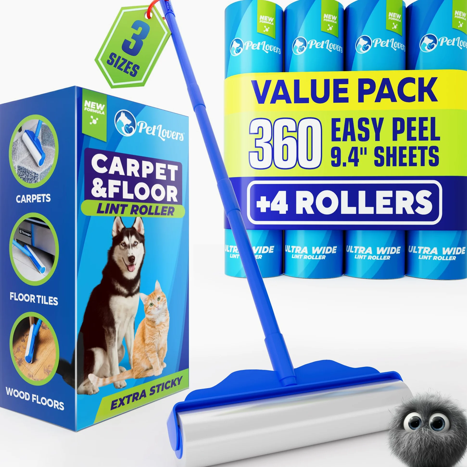 Rullo Rimuovi Peli PetLovers Large con 3 Ricariche – 360 Fogli Totali per Affrontare i Peli degli Animali, Rullo Extra Large per Pavimenti e Tappeti per Case con Animali, Perfetto per Pavimenti