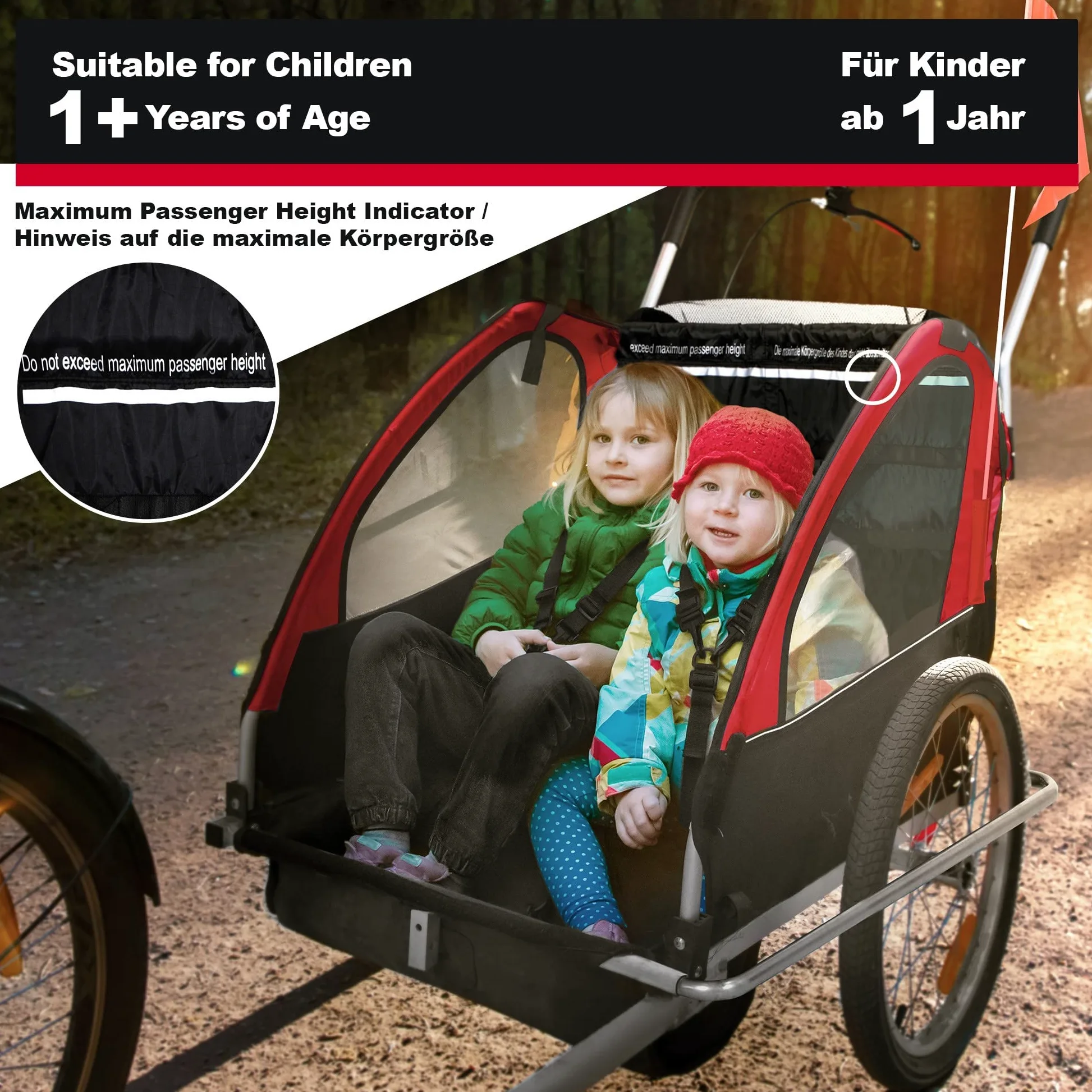 Jago® Rimorchio per Bicicletta - 2 Posti, da Bambini 12+ Mesi, Fissaggio a 5 Punti, Pieghevole, Tasche Laterali, Carico Massimo 40kg, in 3 colori - Carrellino Cani, Passeggino