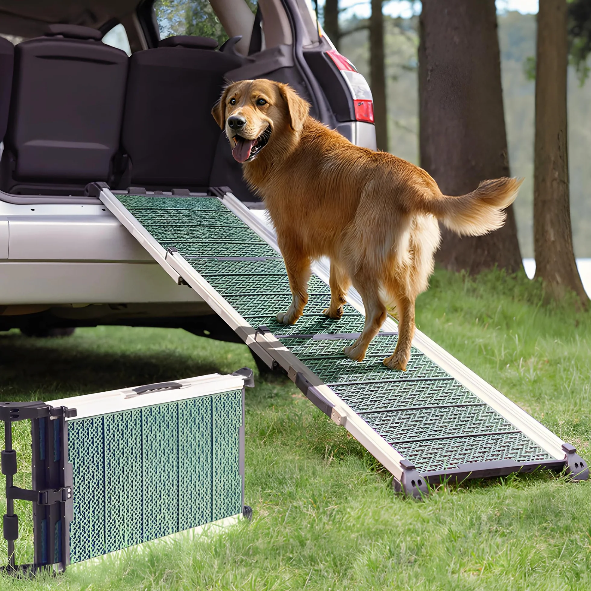 Rampa per Cani per Auto, SUV – STABILI – ANTISCIVOLO – Capacità 90 kg. – Rampe Estensibili per Cani di Grossa Taglia – Lati Riflettenti – Scale per Cani Leggere – Clip di Bloccaggio – Verde