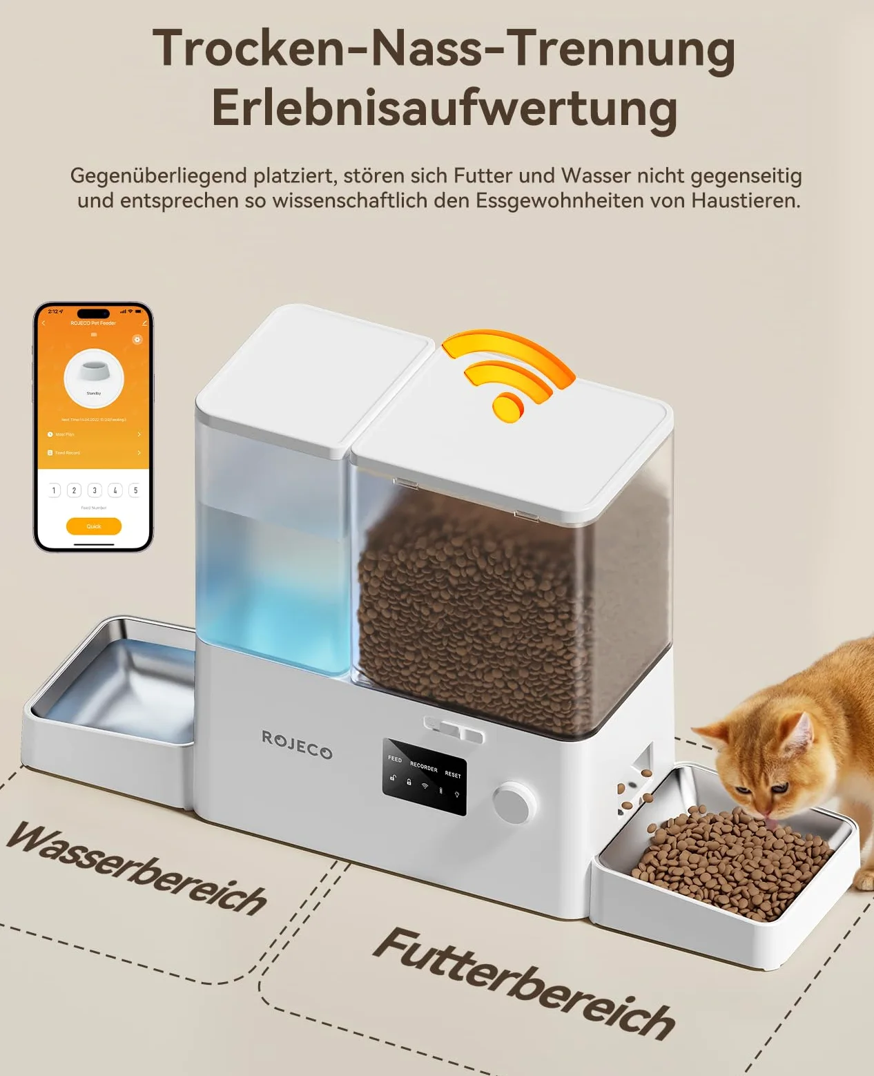 ROJECO Distributore Cibo Gatti Automatico 2-in-1 con Wi-Fi APP, 5L Crocchette + 3.5L Acqua a Gravità, Mangiatoia e Abbeveratoio per Gatti