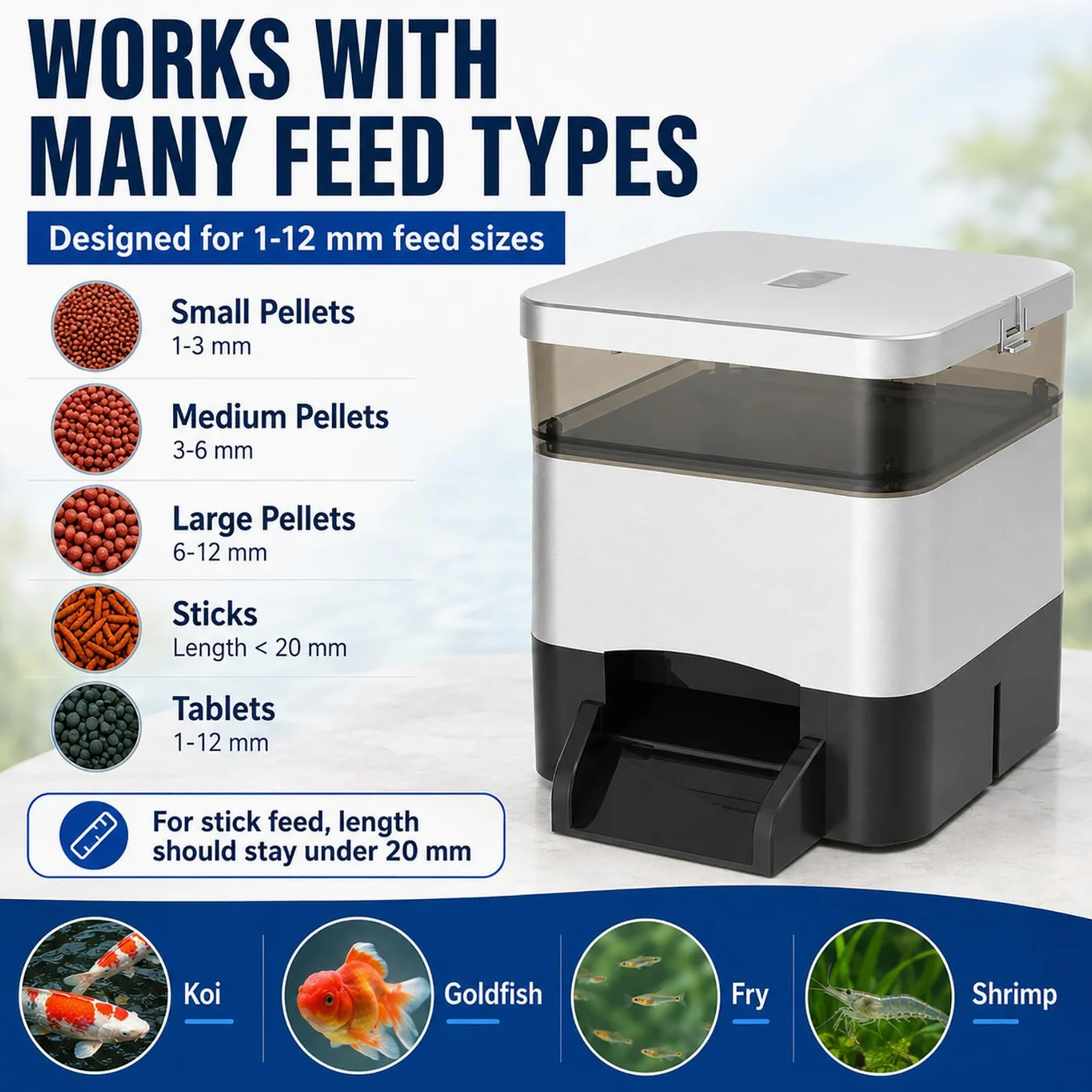 Distributore per Pesci da Laghetto 4 L - Mangiatoia Automatica con Serbatoio Trasparente Silver