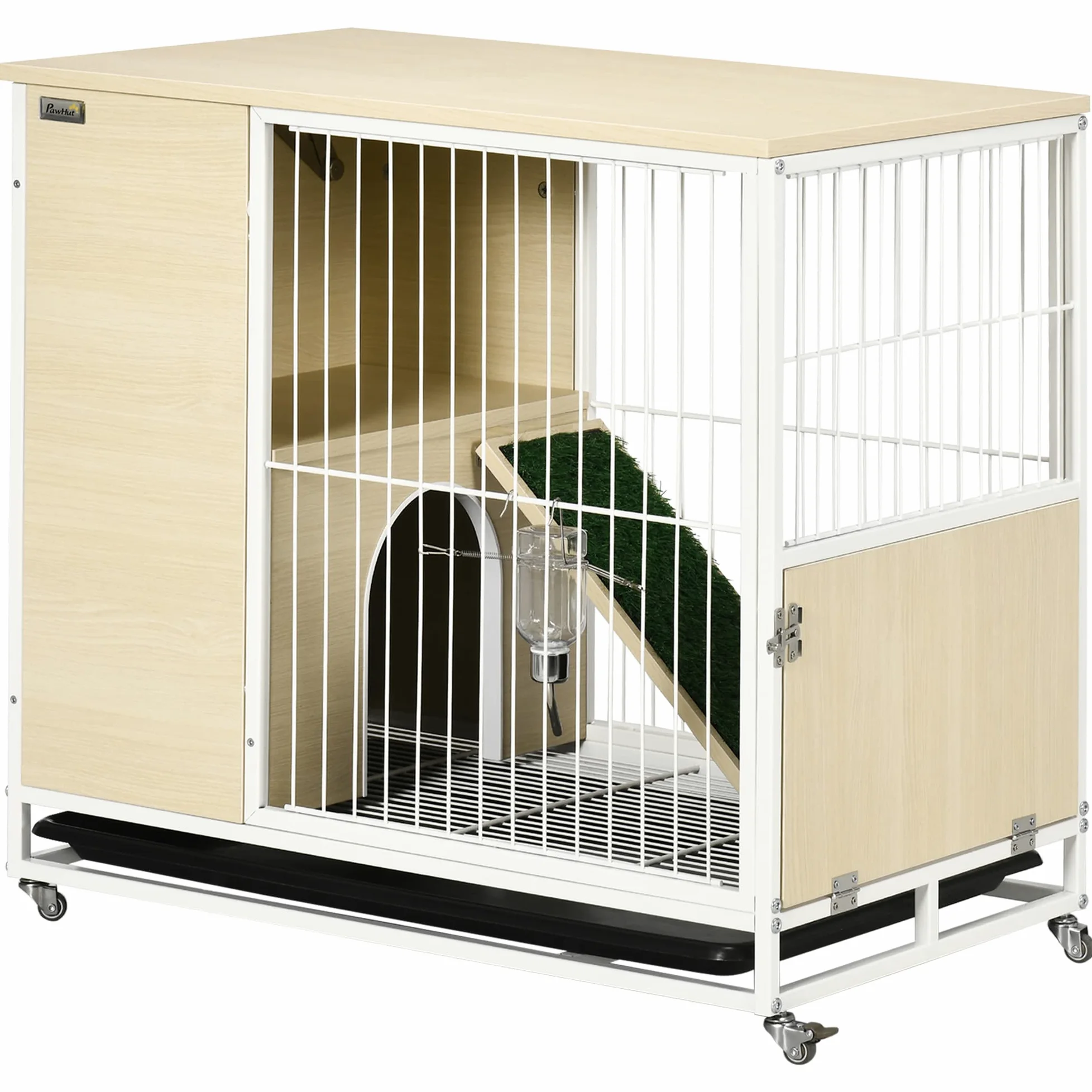 PawHut 2 IN 1 Conigliera in Truciolato e Acciaio con Vassoio Estraibile e Serbatoio d'Acqua, 78x52.5x76.5 cm
