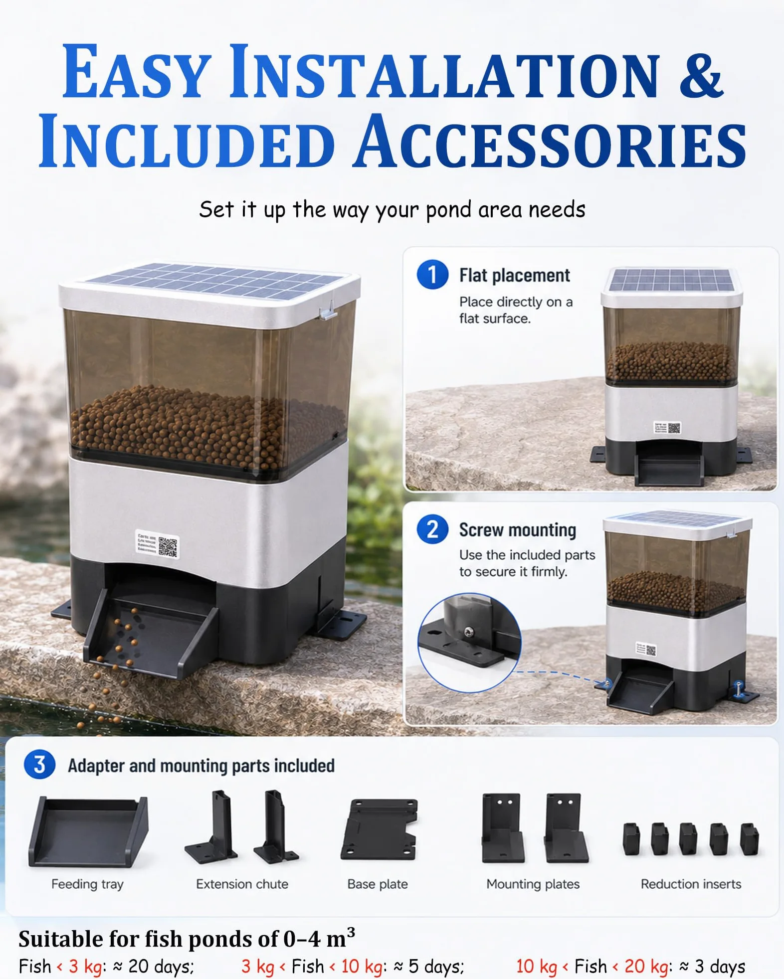 Alimentatore Automatico per Pesci da Laghetto con capacità 4L(10L), Alimentazione Solare E CA, Controllo Telefono/Pannello, Antiumidità, Timer Vacanza per Koi E Outdoor Black-4L