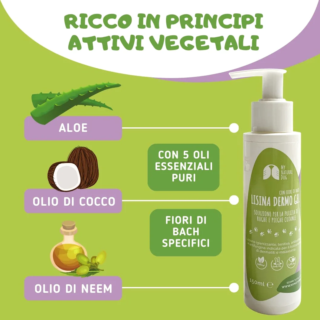 LISINA DERMO Gel - Pulizia delle Rughe e delle Pieghe cutanee del Cane - Utile in Caso di dermatite atopica e malassezia-Formula Naturale Human Grade con Oli Essenziali e Fiori di Bach