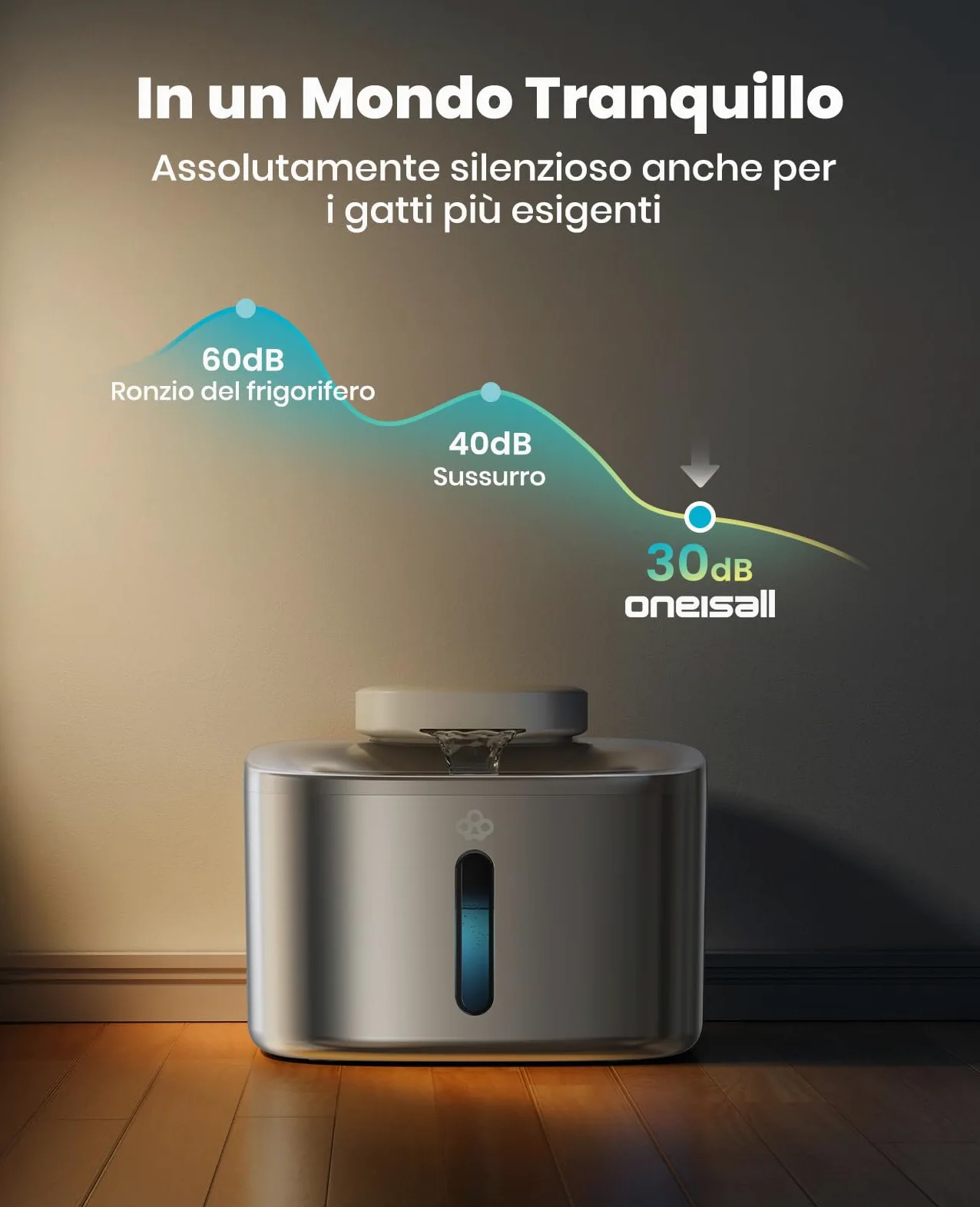 oneisall Fontana per gatti senza fili, Fontana per gatti da 3,5L in acciaio inox, batteria da 5000 mAh, fontanella per gatti con rilevatore di movimento, pompa dell'acqua silenziosa, 3 filtri