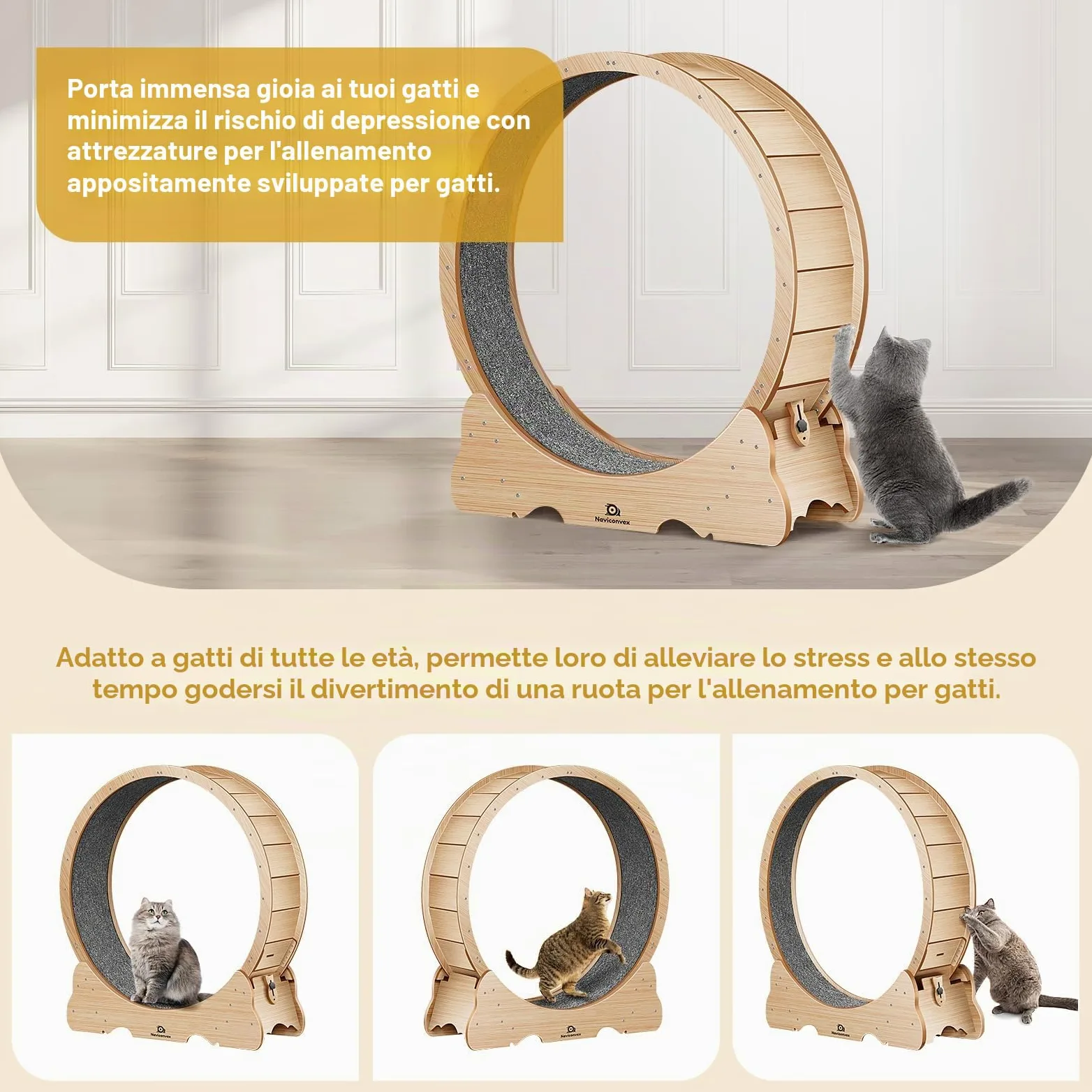 ruota per gatti XXL colore legno naturale – Ruota per gatto diametro 135cm, silenziosa e robusta per esercizio e intrattenimento in casa – Design elegante, ideale per gatti grandi e attivi