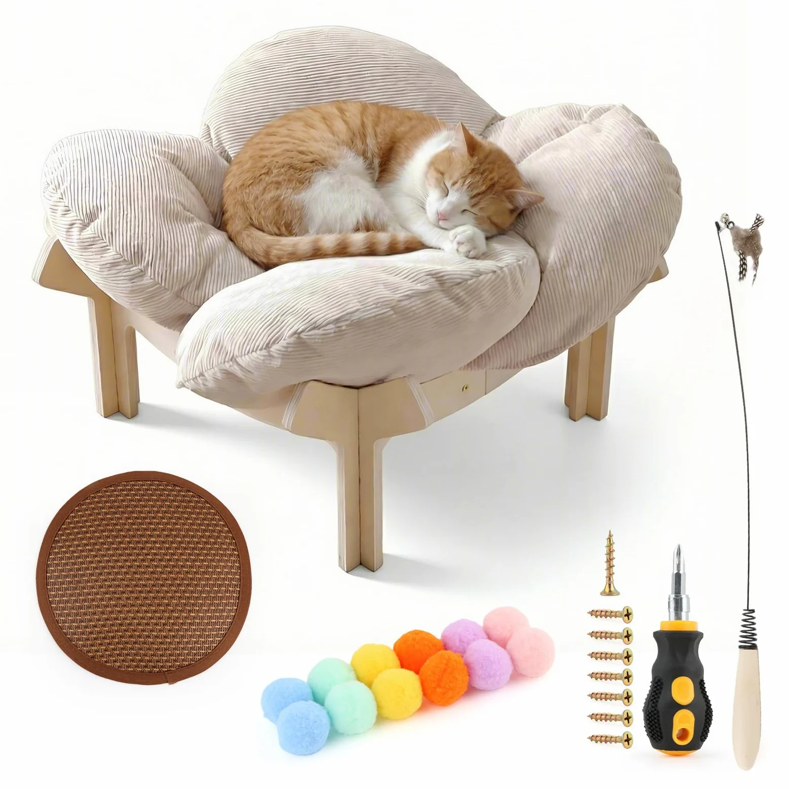 Cuccia per Gatti a Forma di Fiore, Letto Rialzato in Legno alla Moda, con Coprimaterasso Rimovibile e Lavabile, per Gatti 54×31×12 cm