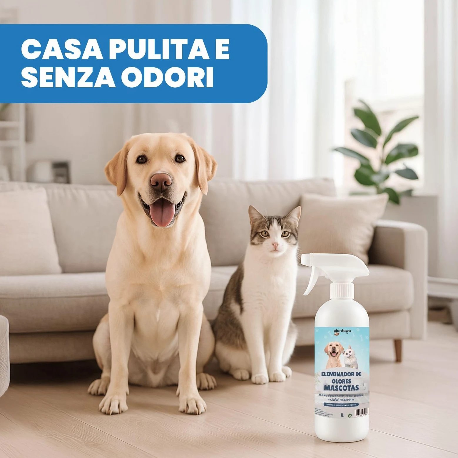 PLANTAWA Eliminatore di Odori di Animali Domestici Spray 1L | Eliminare Odore pipì Cane | Detergente Enzimatico urina Gatto, feci e Vomito | Repellente Naturale | Sicuro per Varie superfici e Tessuti