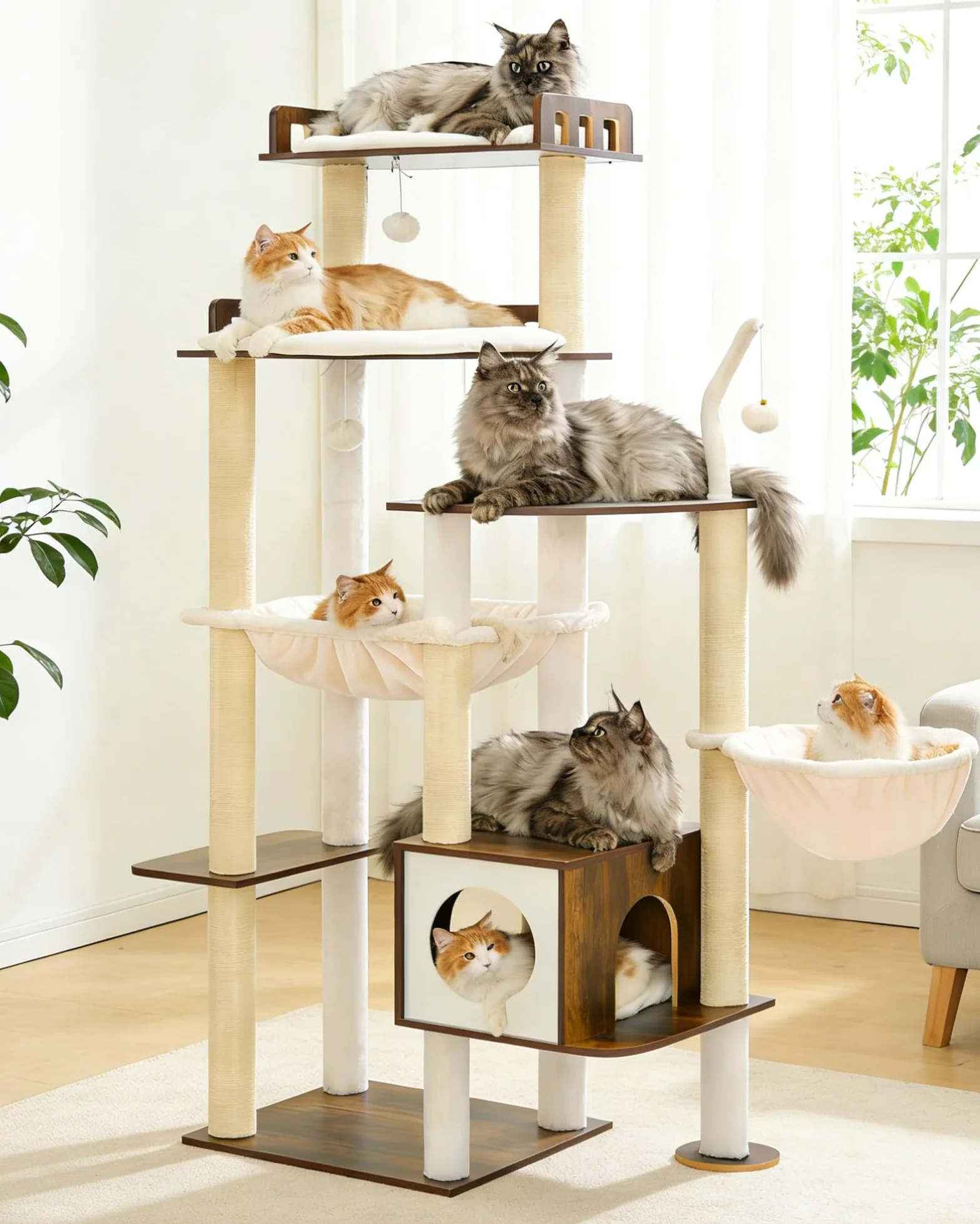 Heybly Tiragraffi per Gatti, Albero in Legno da 179 cm per Gatti Grandi, Struttura Ultra-Stabile, Arredo Moderno con Rivestimento in Sisal Totale, Condo e Amache, Marrone Vintage HCT121SR