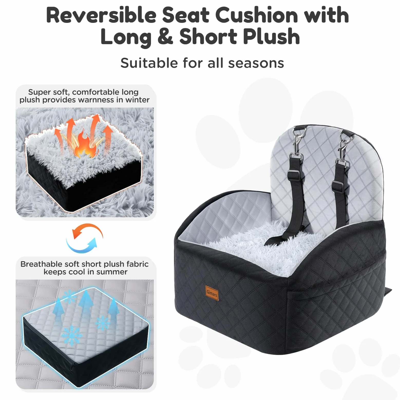 Gimars Reversibile Seggiolino Auto Per Cani conPeluche Lungo/Corto Cuscino sedile Per Cani Piccoli/Medi Fino A 16kg, Sfoderabile Lavabile Trasportino Per Cani Auto Con 15cm 28D Egg-Crate Schiuma, S