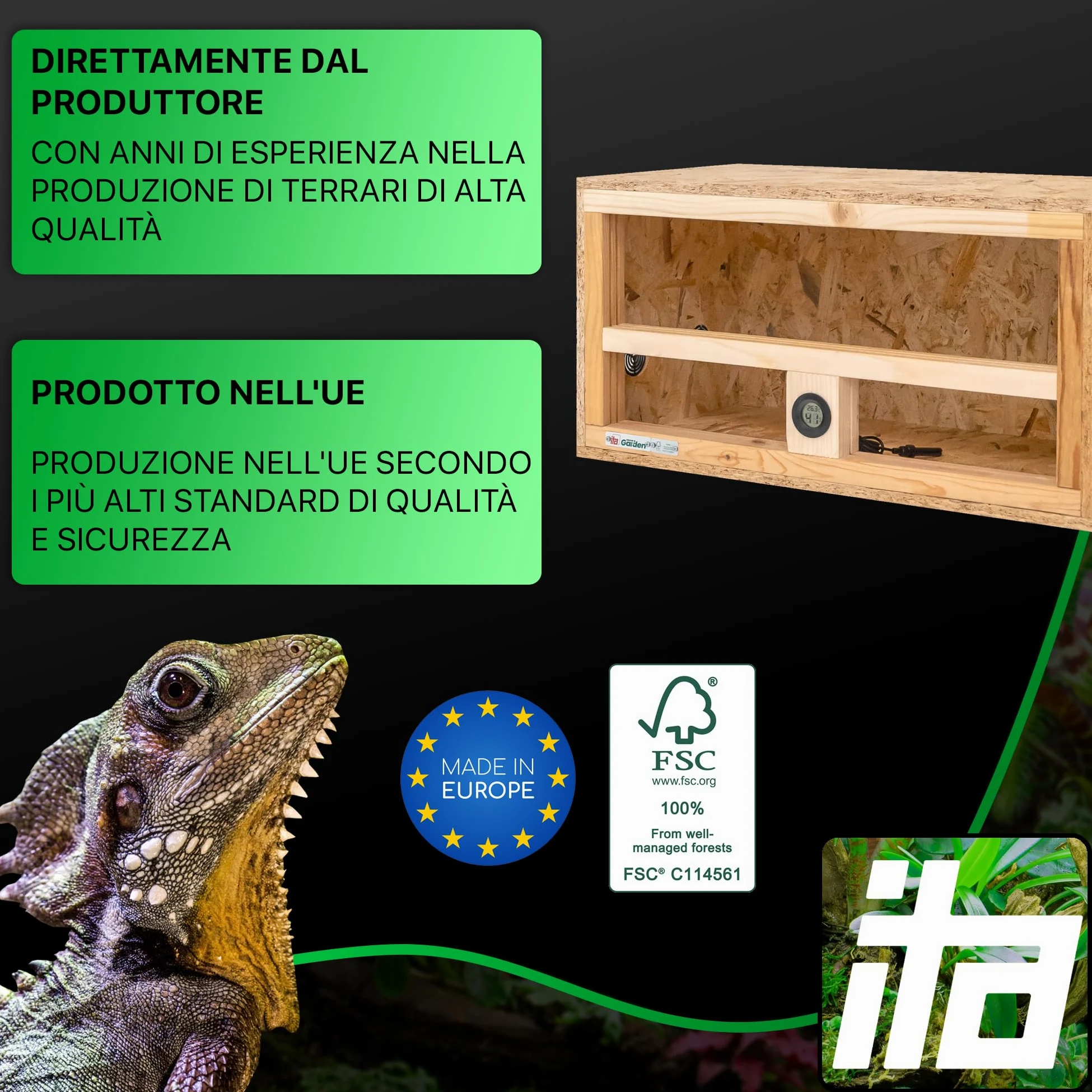 ITA Mini terrario 60x30x30 cm con ventilazione laterale e igrometro integrato - Terrario in legno OSB-3 - Per rettili, serpenti, anfibi - Prodotto UE, certificato FSC