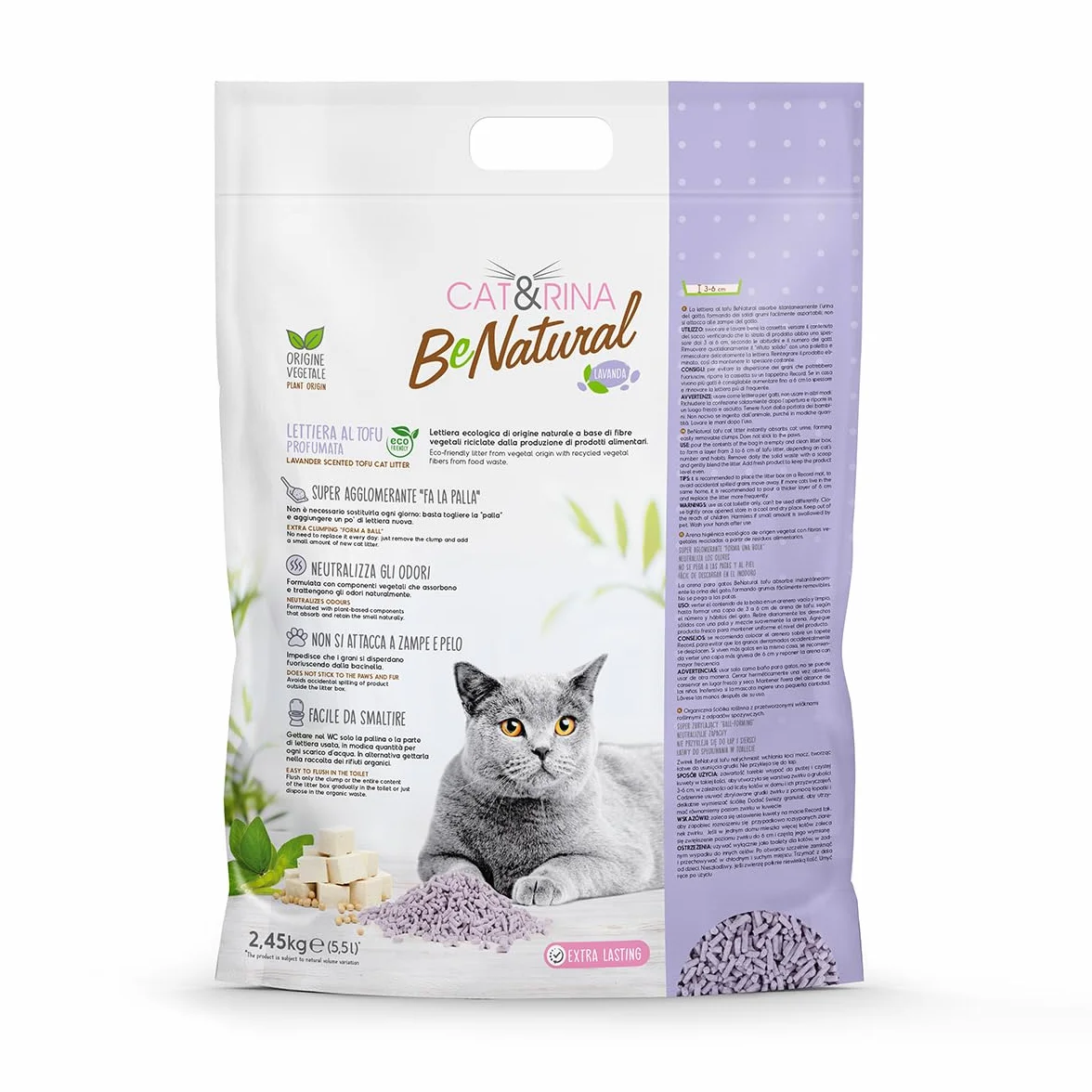 Cat&Rina BeNatural, lettiera per gatti al tofu da 5,5l Agglomerante e Vegetale. Fino a 30 giorni di utilizzo. Si smaltisce nell'organico o nel wc. Sabbia gatti anti odore Lavanda, 6 pezzi