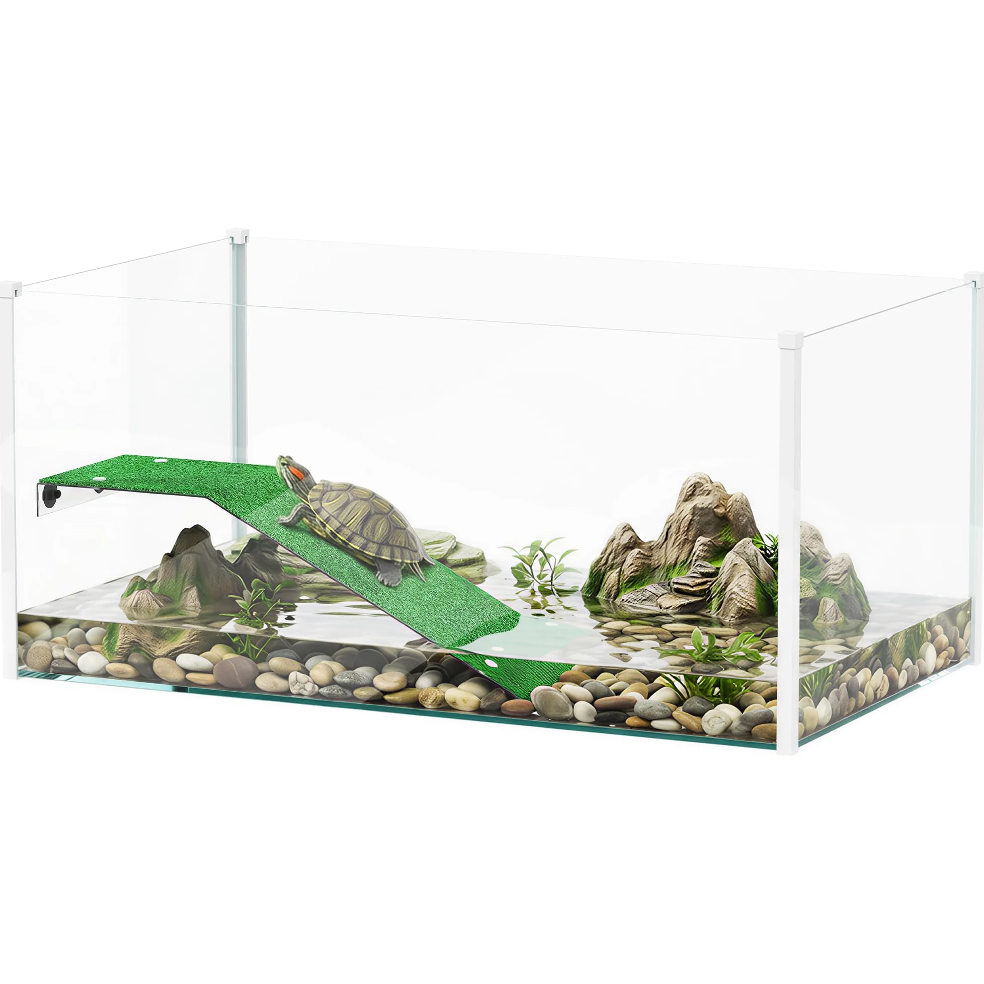 PawHut Acquario per tartarughe, terrario per tartarughe con piattaforma e rampa con superficie in erba artificiale, vista panoramica a 360°, per piccoli pesci, gamberetti, 60x35x28 cm, bianco