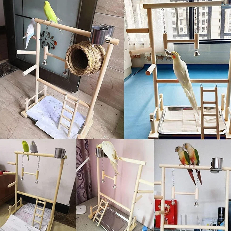 Supporto per pappagalli, parco giochi per uccelli, in legno, con scaletta con giocattoli, per piccoli parrocchetti, calopsitte, conuri, fringuelli, pappagallini
