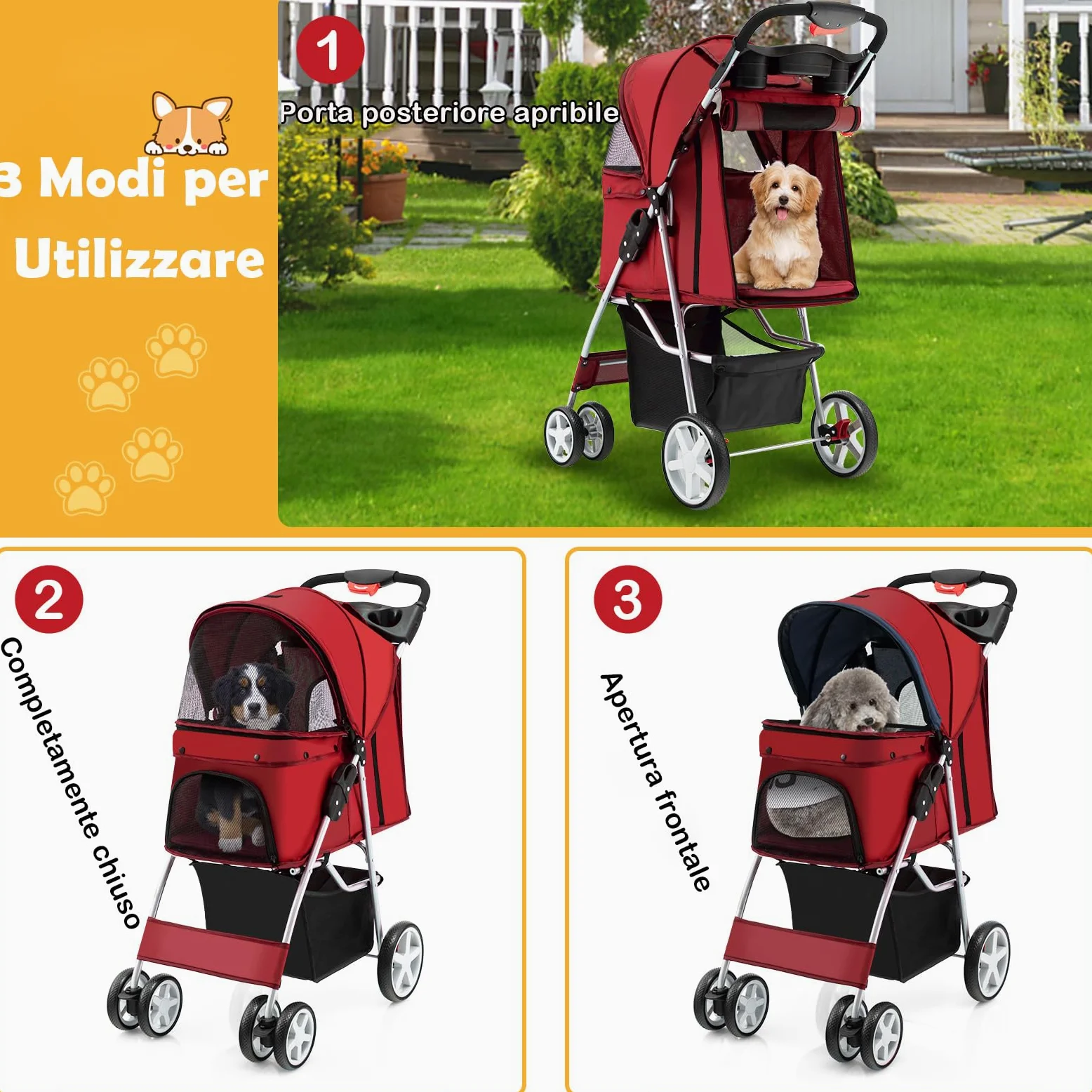 COSTWAY Passeggino per Cani, Carrozzina per Cani Pieghevole Fino a 15 kg, 4 Ruote con Finestra a Rete Porta Bicchiere e Cesto, Passeggino Portatile per Animali Piccola e Media (Rosso)
