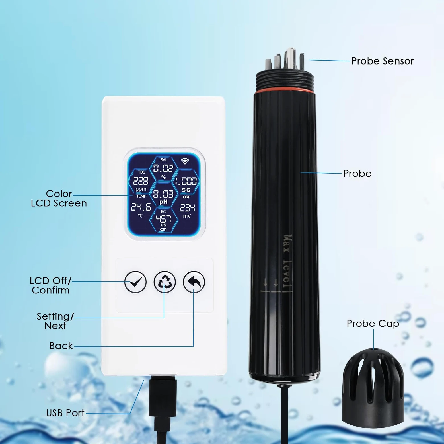 TEKCOPLUS Monitore di qualità dell'acqua 7 in 1 senza fili WiFi – pH/ORP/TDS/EC/Salinità/SG/Temp, App Tuya, avvisi in tempo reale, display a colori ATC per acquario, acqua dolce e acqua salata