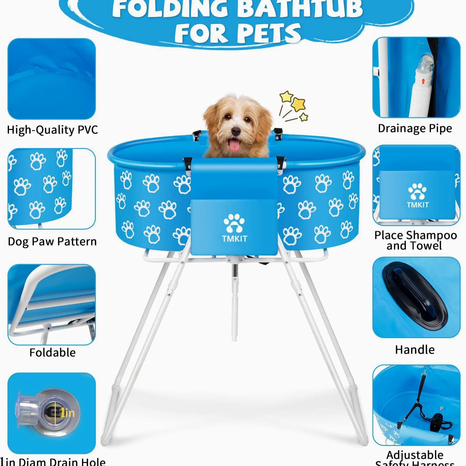 Vasca da Bagno per Cani, Vasca da Bagno Professionale rialzata per Cani, Doccia e toelettatura, Portatile, Pieghevole con Blocco di Sicurezza, Stazione di Lavaggio per Animali Domestici di