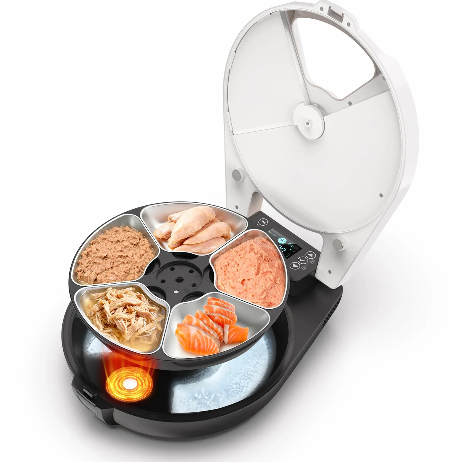 Distributore Automatico Cibo Gatti Umido, 5 Pasti Freschi in 3 Giorni, Raffredd. & Riscald. Semiconduttore Distributore Cibo Umido Gatti, Ciotola Inox 304, Dispenser Per Gatti Con Programmabile