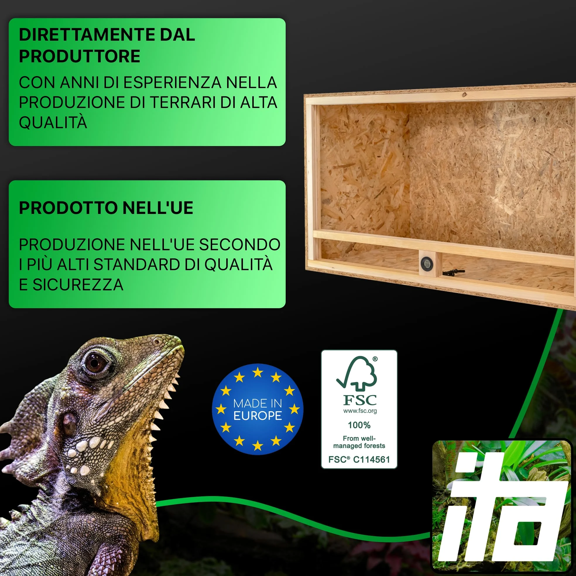 ITA Terrario per tartarughe 120x60x60 cm con tetto aperto e igrometro integrato - Terrario in legno OSB-3 - Per tartarughe e altri animali - Prodotto UE