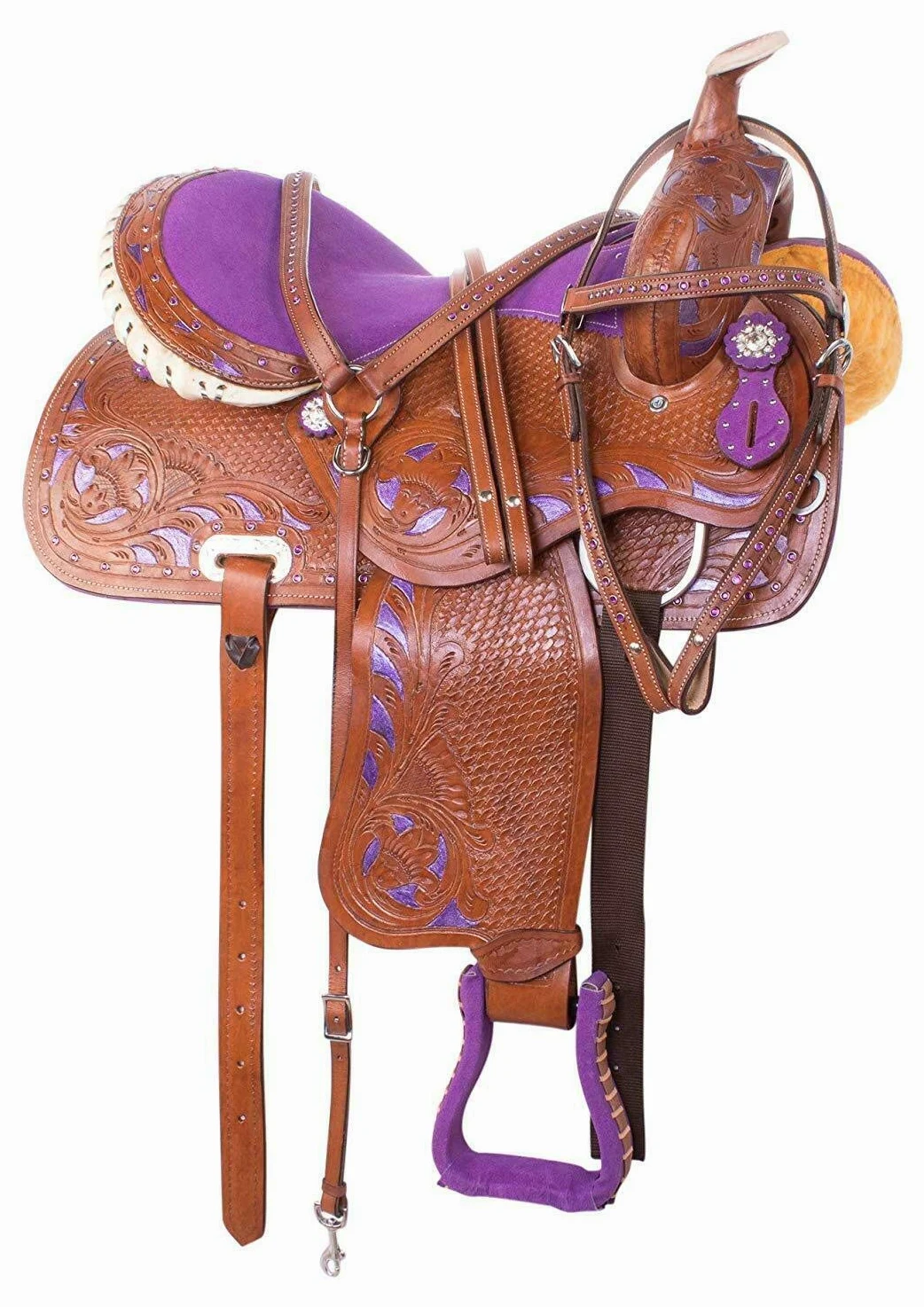 Sella per cavalli Western da corsa viola in pelle bovina di alta qualità per corse Western Show Set