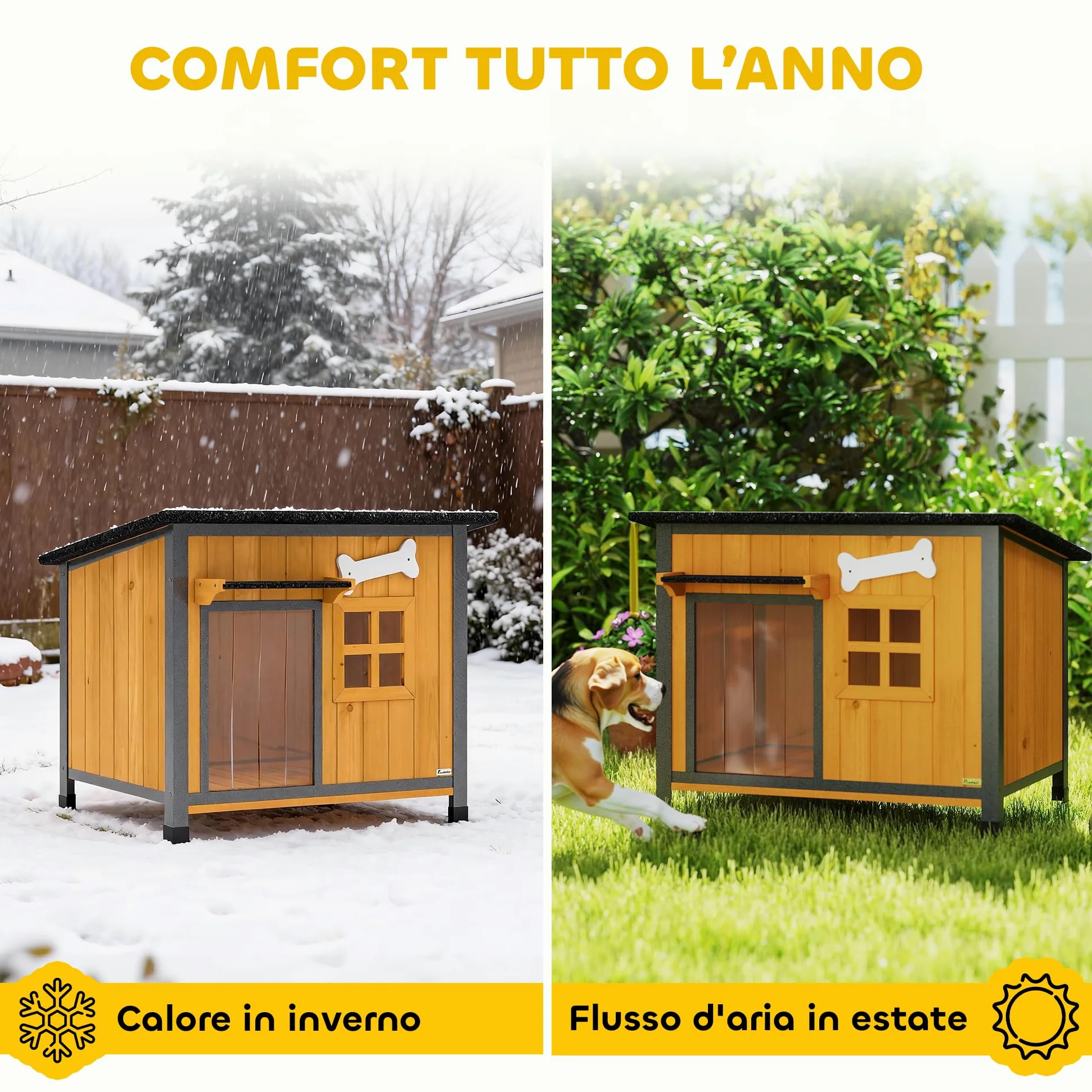 PawHut Cuccia per Cani da Esterno in Legno e Acciaio Anti-Morso, Casetta per Cani Rialzato con Tetto Spiovente Apribile e Impermeabile, Pavimento Rimovibile, Tenda per Porta, Tettoia, 84.5x62x65 cm