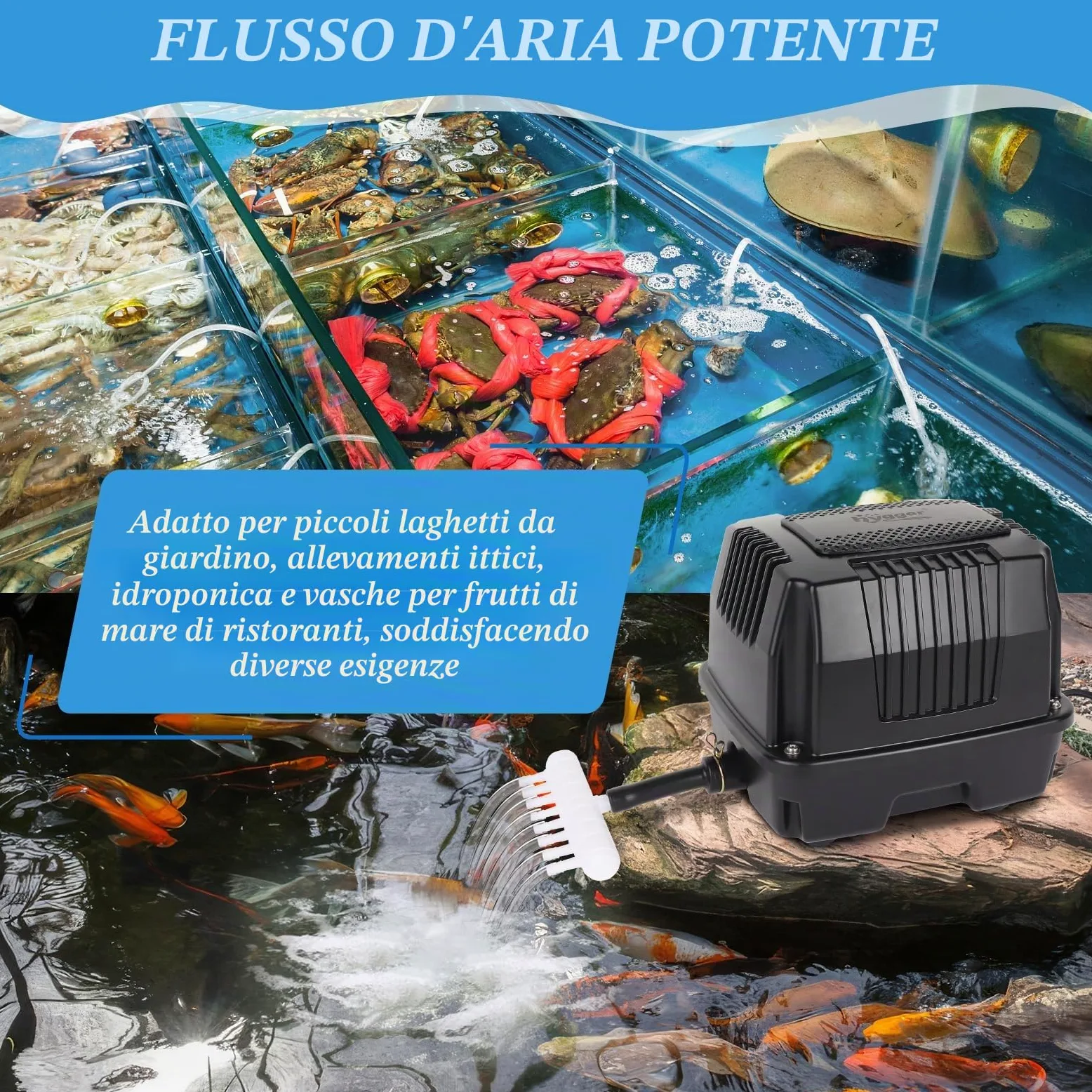 hygger Ossigenatore Pesca Vivo,25W Potente Ossigenatore per Pesci di Laghetto,Silenzioso Pompa ad Aria Laghetto Esterno con Conversione Connettore,Air Pump For Fishing Yacht,Fish Farm and Hydroponic