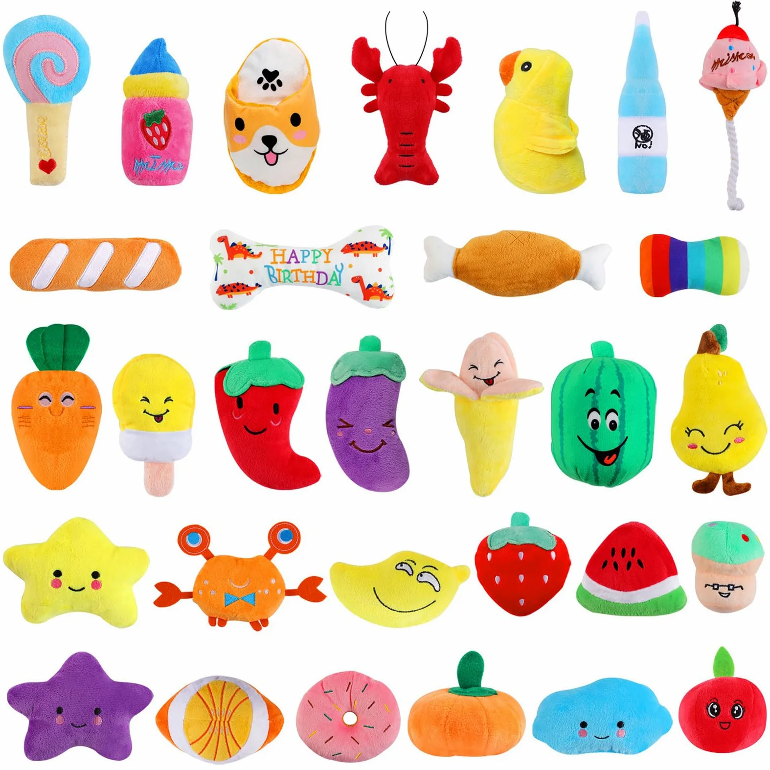 Set di 30 giocattoli per cani che scricchiolano, assortimento di giocattoli di peluche per cani, cuccioli di animali domestici, giocattoli da masticare per cani, con sonaglio, per dentizione