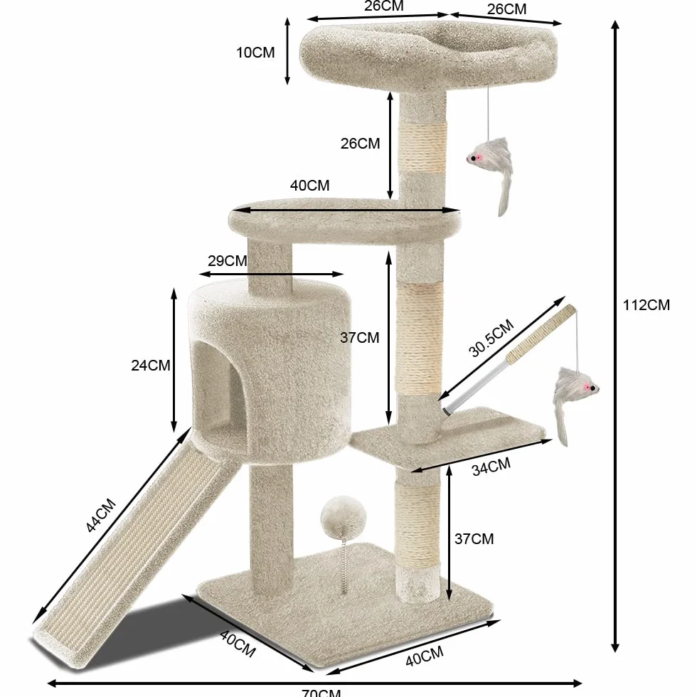 VOUNOT® Tiragraffi per Gatti, Albero Tiragraffi Gatto di Naturali Sisal con Cuccia Graffiatoio, 112cm, Beige