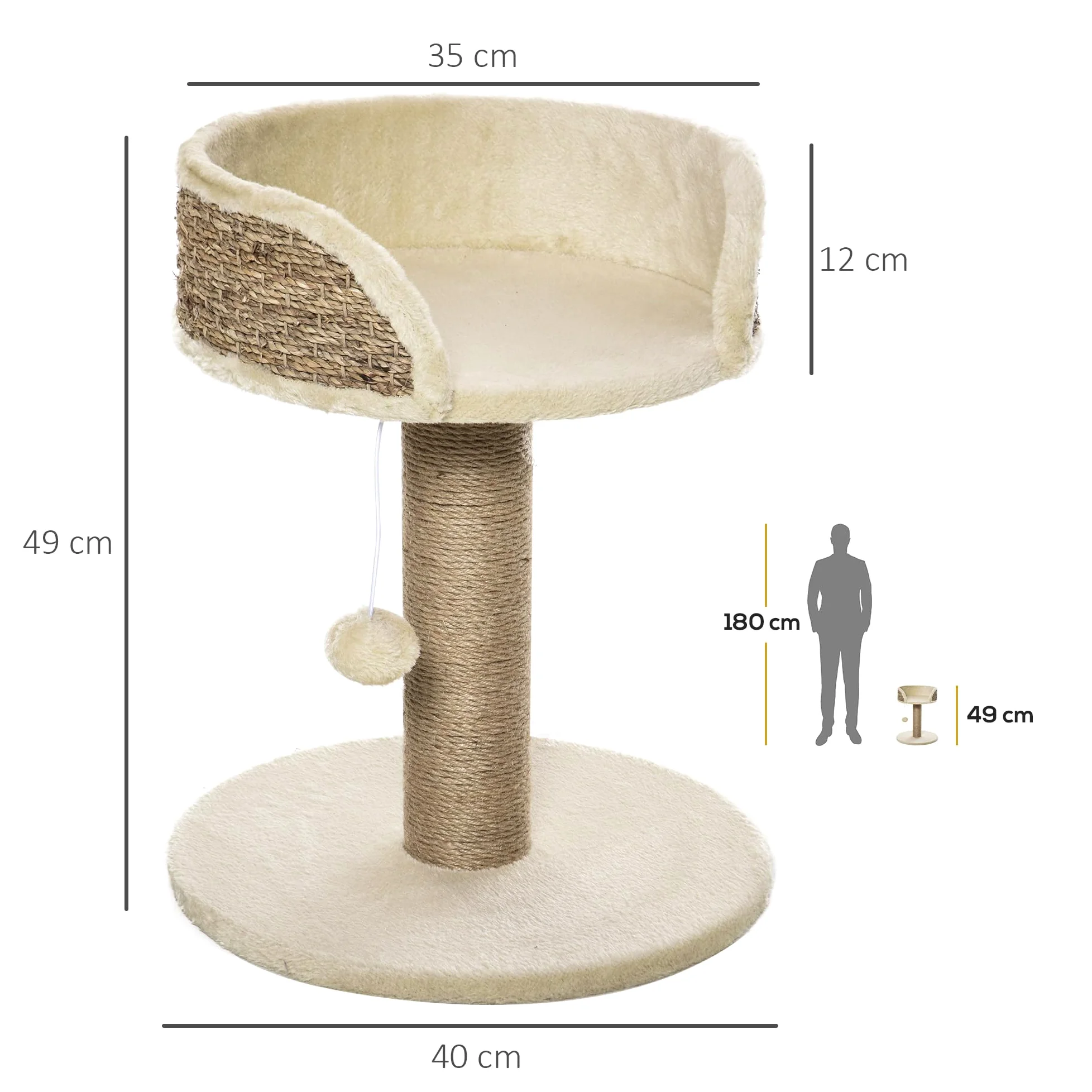 PawHut Albero Tiragraffi per Gatti Adulti e Gattini, Trespolo con Lettino per Gatti, Palo in Juta e Pallina Appesa, 40x40x49cm, Beige