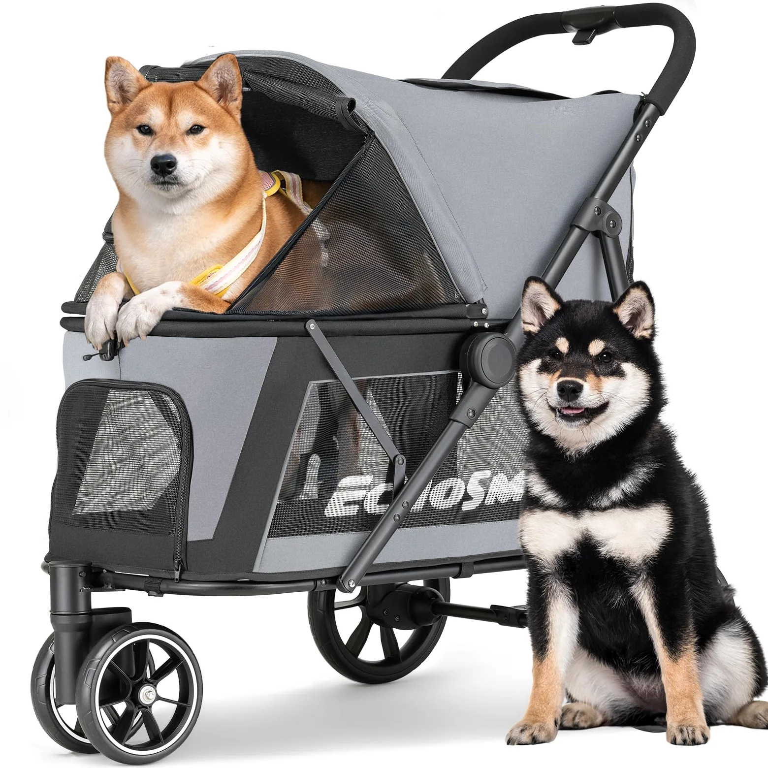 EchoSmile Pieghevole Passeggino per Cani Media e Grande fino a 40 kg | con Finestra a Rete, Manico Regolabile e 3 Ruote Fuoristrada