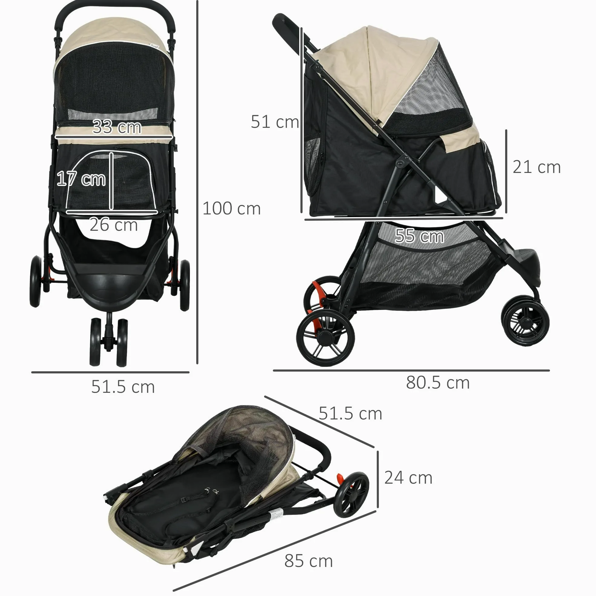 PawHut Passeggino per Cani Piccoli e Mini a 3 Ruote, Passeggino per Animali Pieghevole con Copertura Antipioggia, Cestino e Guinzaglio, Cachi