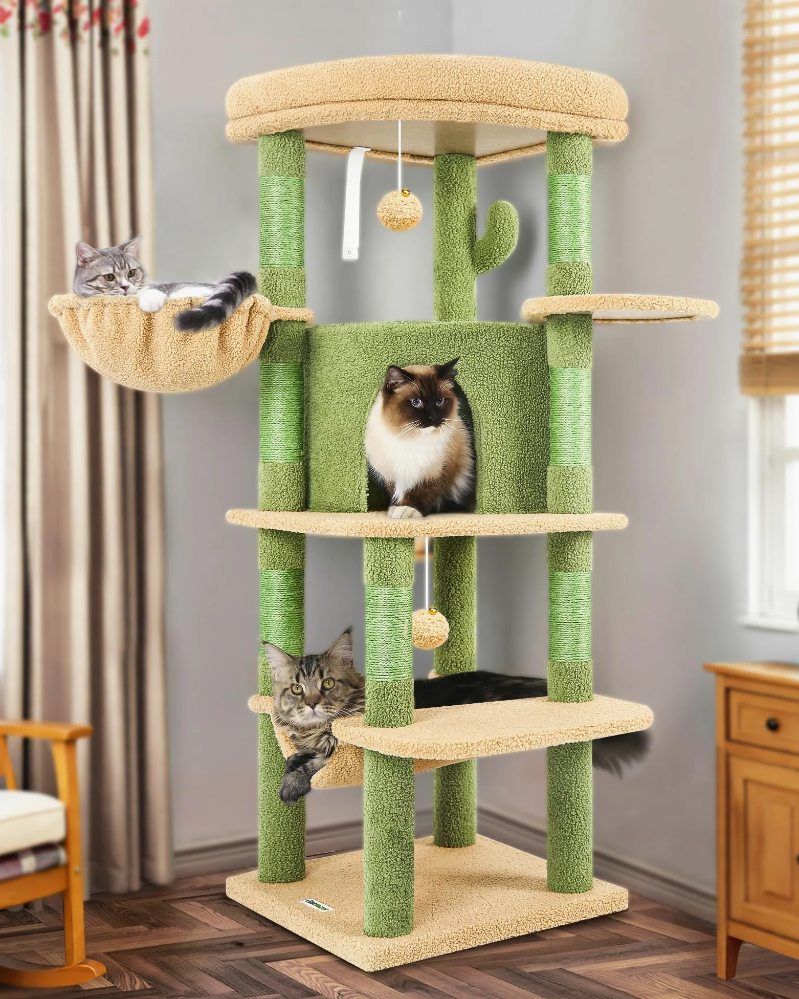 Globlazer Albero Tiragraffi ad Angolo Cactus Verde, Tiragraffi per Gatti Spigolo Alto 130 cm con Grandi Piattaforma, Curva Grotte, Amaca, Cesto, Torre per Gatto per 2-4 Gatti Adulti (C51, Verde)