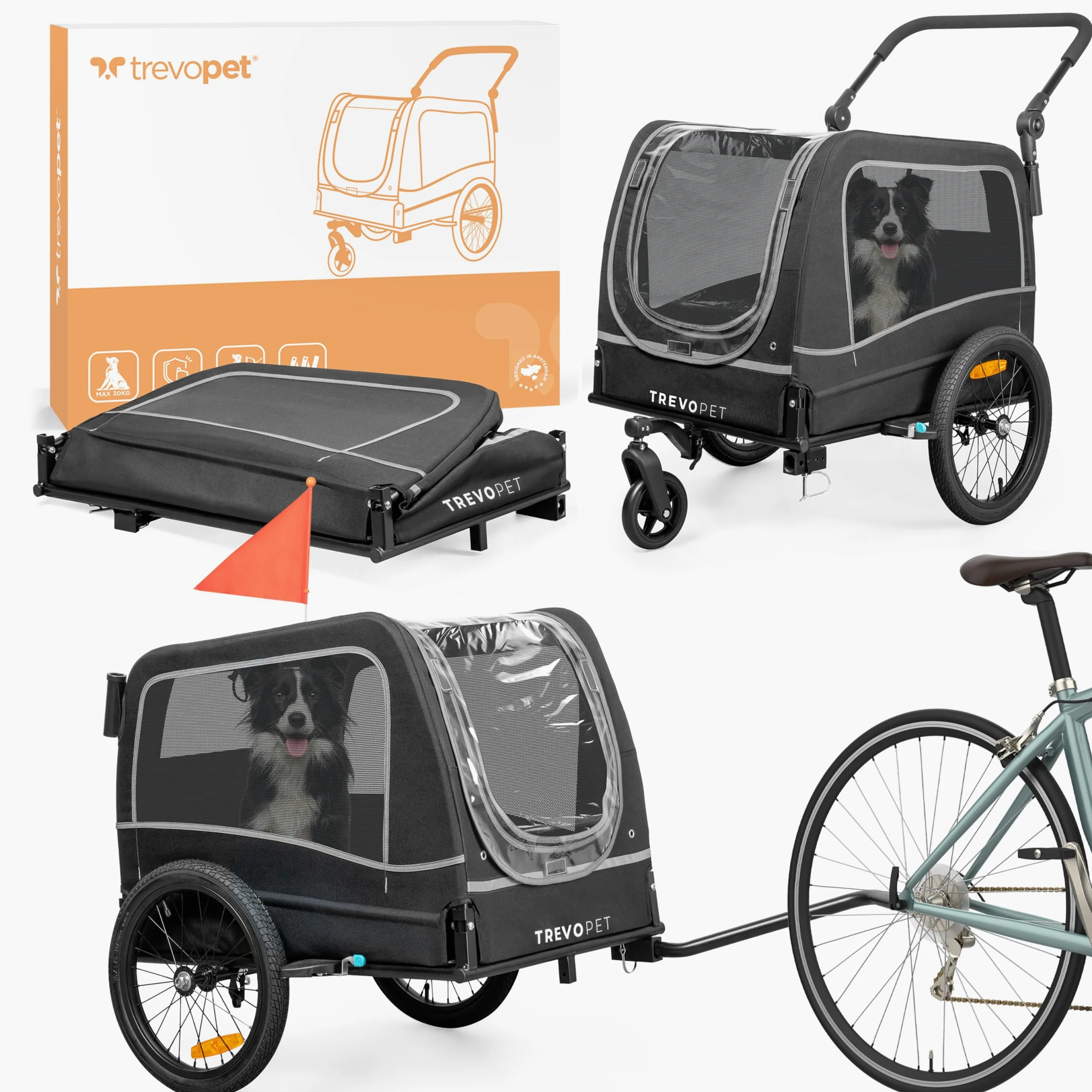 Rimorchio Bici Cani 2 in 1 – Carrello e Passeggino Pieghevole con Cuscino per Cani fino a 30 kg – Con Attacco, Bandierina, Compatibile con Bici Elettriche – Nero