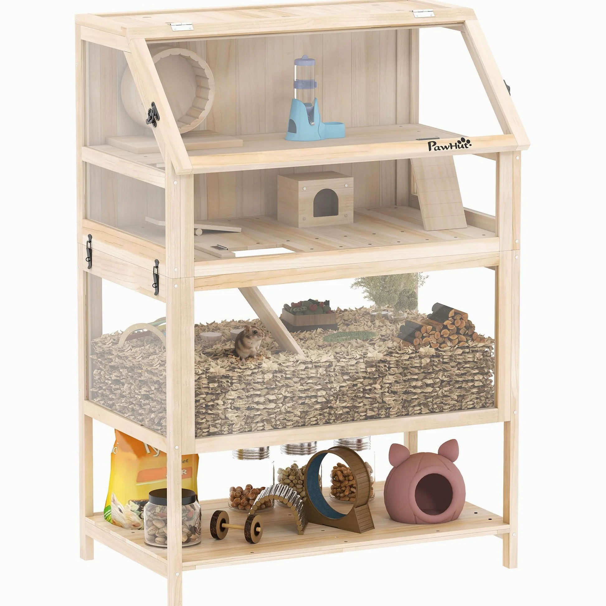 PawHut Gabbia per criceto in legno XXL – Habitat per roditori a 3 piani con pannello acrilico e ruota – Casa piccolo animale di lusso con accessori e ripiano di stoccaggio, 80 x 53 x 117 cm, effetto