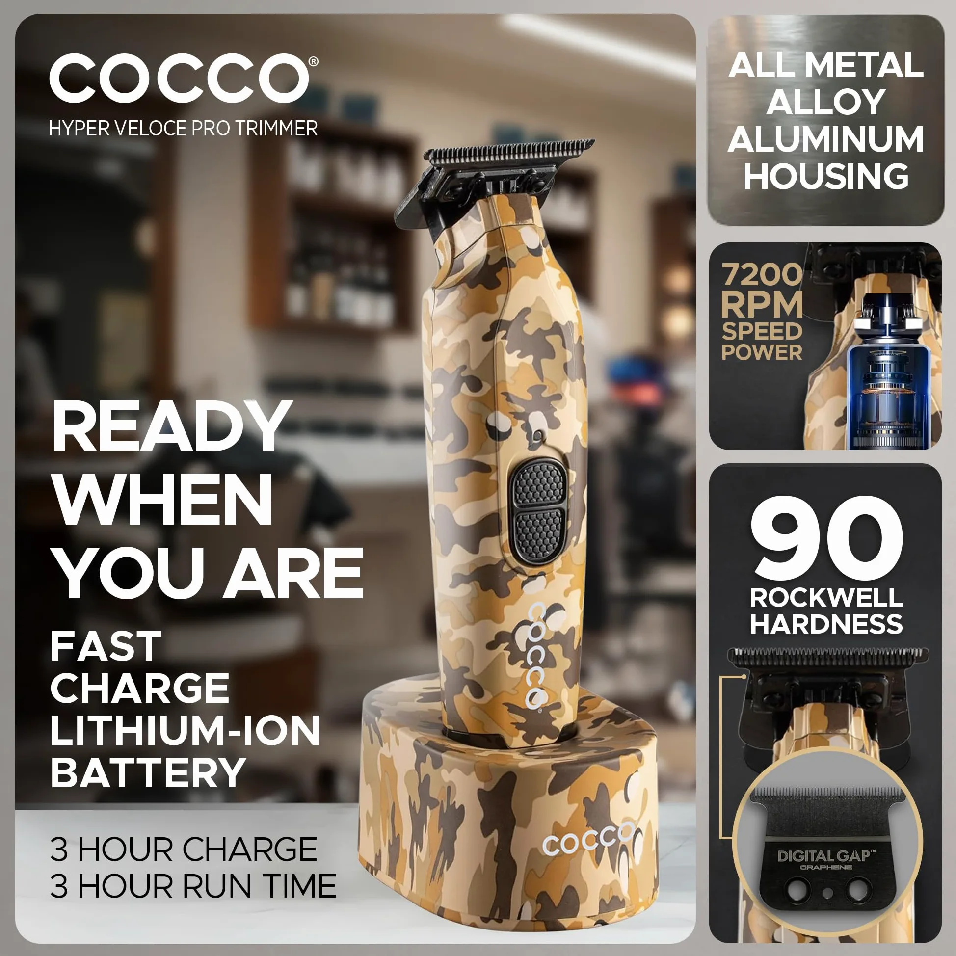Cocco Hyper Veloce Pro Trimmer, Digital Gap Graphene Blade Edger, High Torque Brushless BLDC Motor, Cordless, design interamente in metallo, batteria agli ioni di litio, base di ricarica inclusa