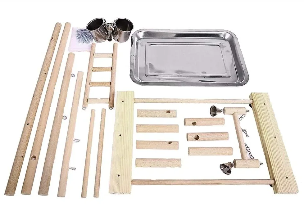 Supporto per pappagalli, parco giochi per uccelli, in legno, con scaletta con giocattoli, per piccoli parrocchetti, calopsitte, conuri, fringuelli, pappagallini
