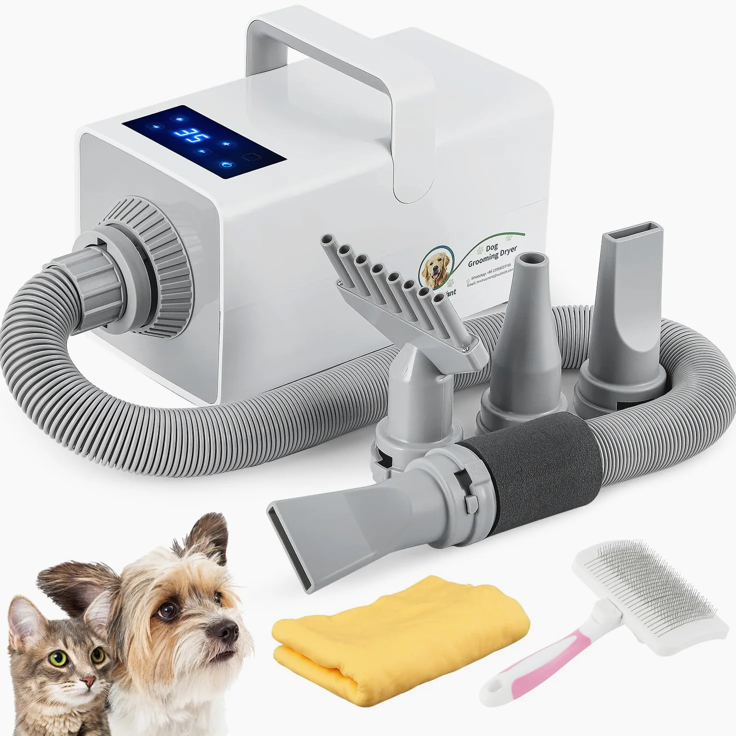 Mxmoonant Soffiatore per Cani, 2800 W, con controllo intelligente della temperatura Negative Ionen, con 4 tipi di ugelli e una spazzola grande
