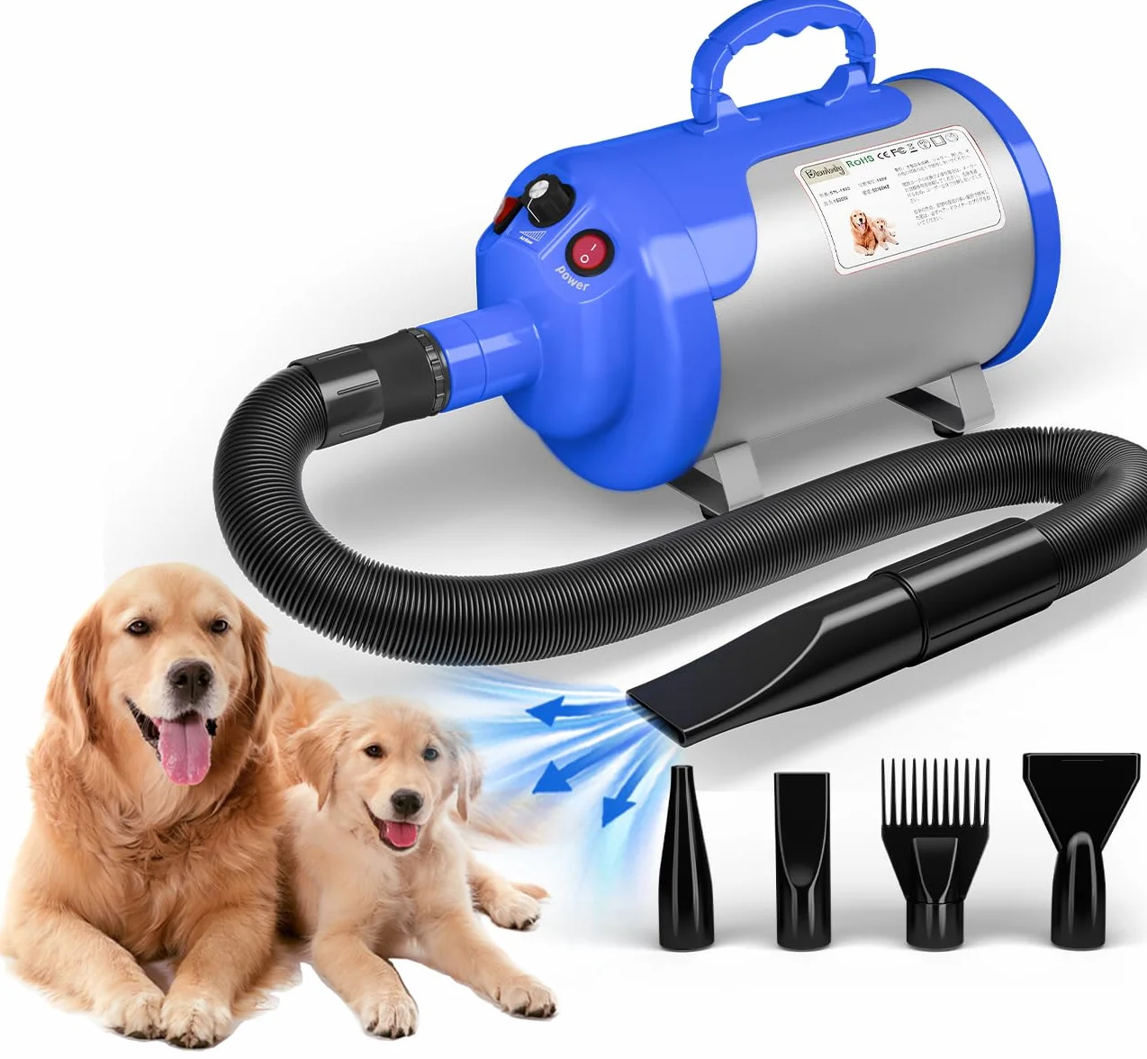 Soffiatore per Cani Blower Molto Silenzioso, 5,2 CV/3800 W, Velocità Regolabile, Ventilatore per la Cura Del Cane con 4 Diversi Ugelli, Tubo Elastico
