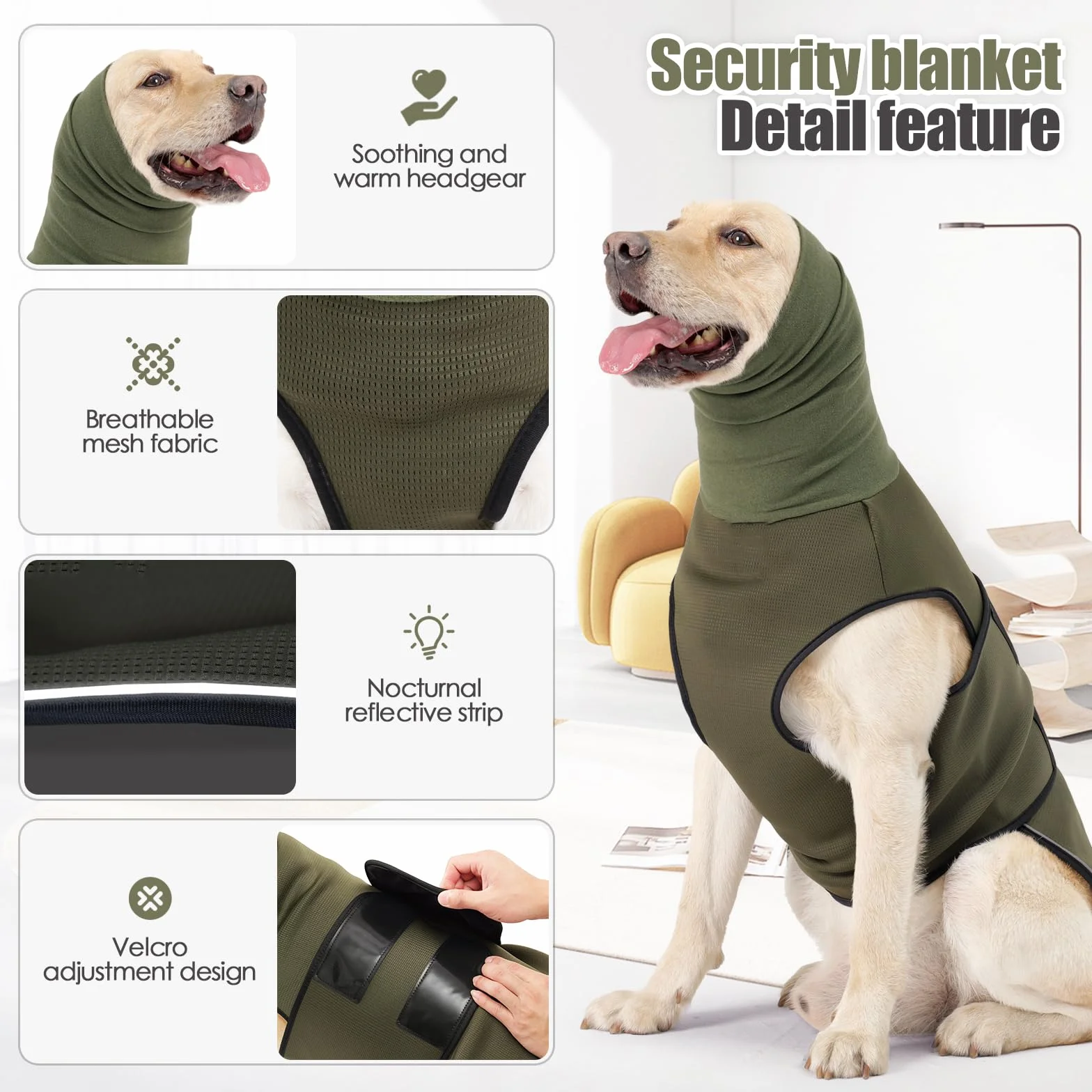 JOHNBOLIN Giacca per l'ansia per cani, camicia per cani con collo alto, gilet calmante traspirante, giacca per animali domestici separati per interni ed esterni (verde militare, XS)