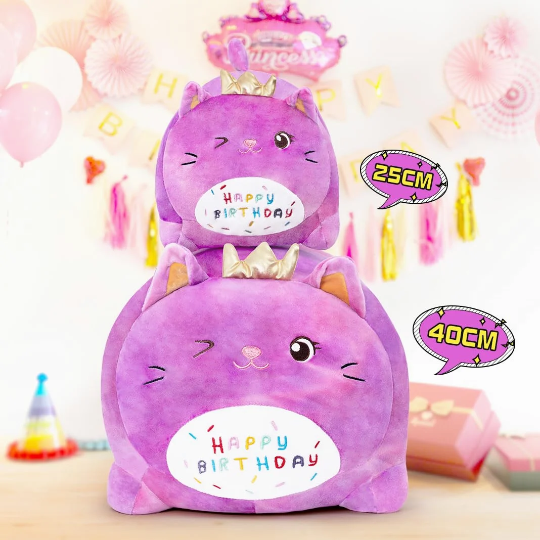 Peluche Gatto Compleanno - Giocattolo Morbido con Scritta 'HAPPY BIRTHDAY', Regalo Personalizzabile per Bambini Adulti (25CM,Viola)