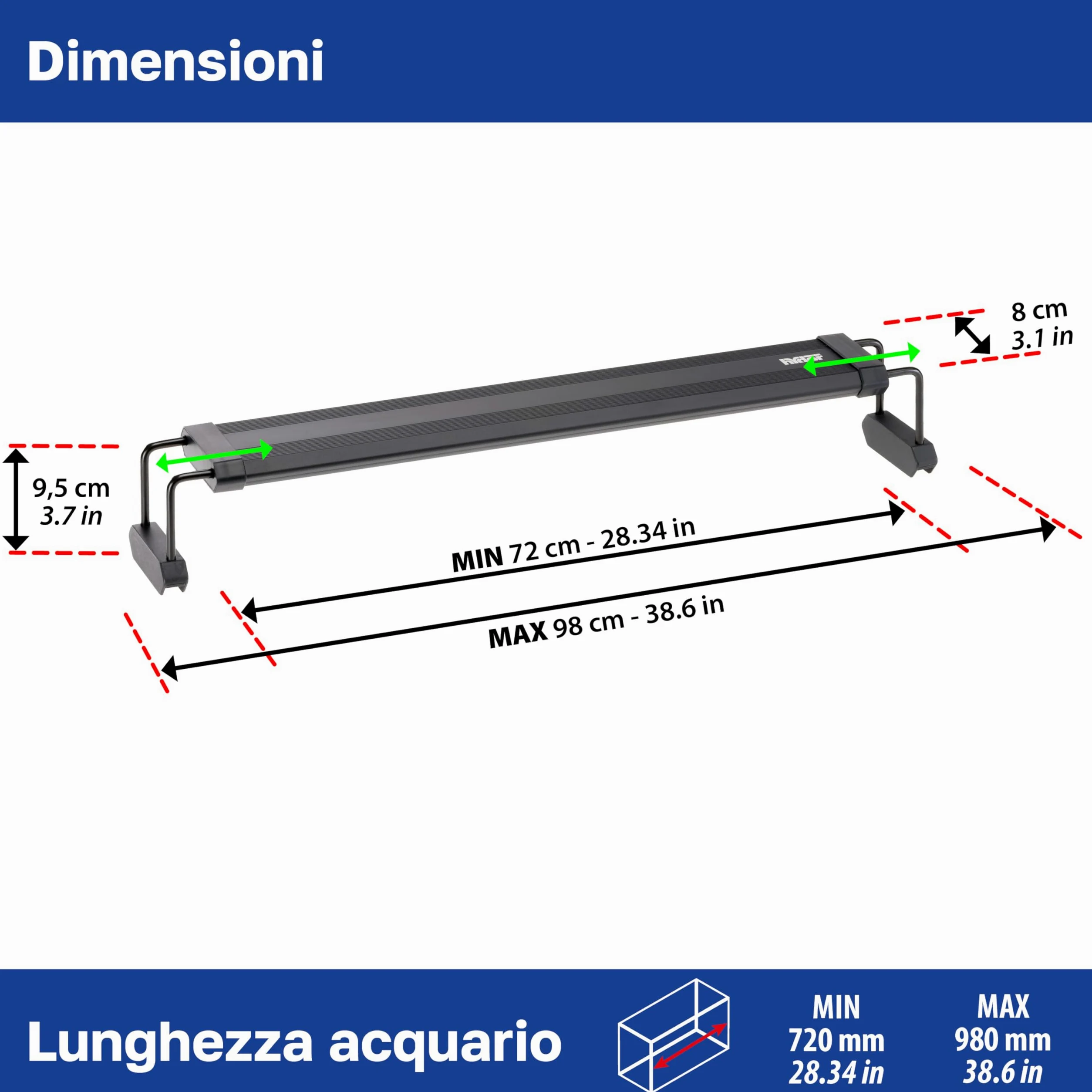 Hydor AQ-LUX REEF 700 Lampada LED per Acquario Marino 36 W (1400 lm) Spettro professionale, Dimmer e Timer Programmabile, Staffe Regolabili, Alimentatore Incl, IP67, 72 x 8 x h 9,5 cm.