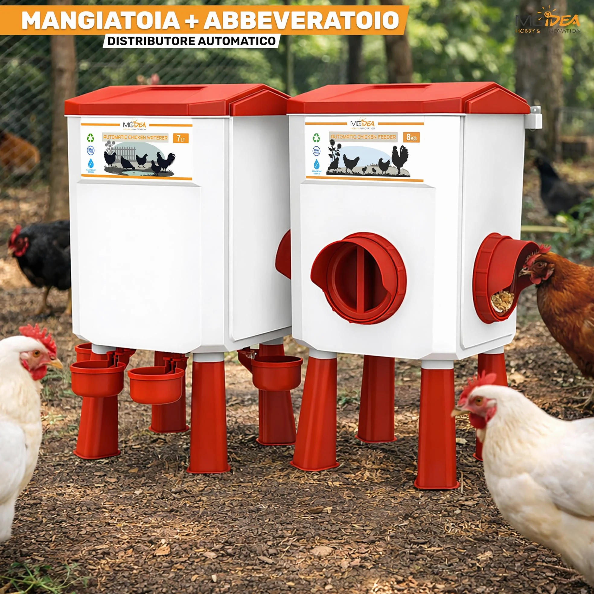 KIT MANGIATOIA ABBEVERATOIO GALLINE DISPENSER AUTOMATICO SISTEMA DISTRIBUTORE ACQUA MANGIME POLLAIO REGOLABILE GIARDINO PULCINI (8 Kg + 7 Lt)