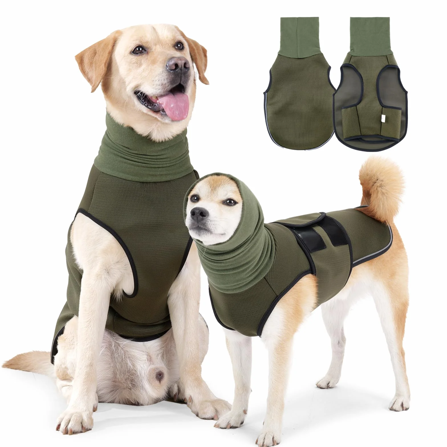 JOHNBOLIN Giacca per l'ansia per cani, camicia per cani con collo alto, gilet calmante traspirante, giacca per animali domestici separati per interni ed esterni (verde militare, XS)