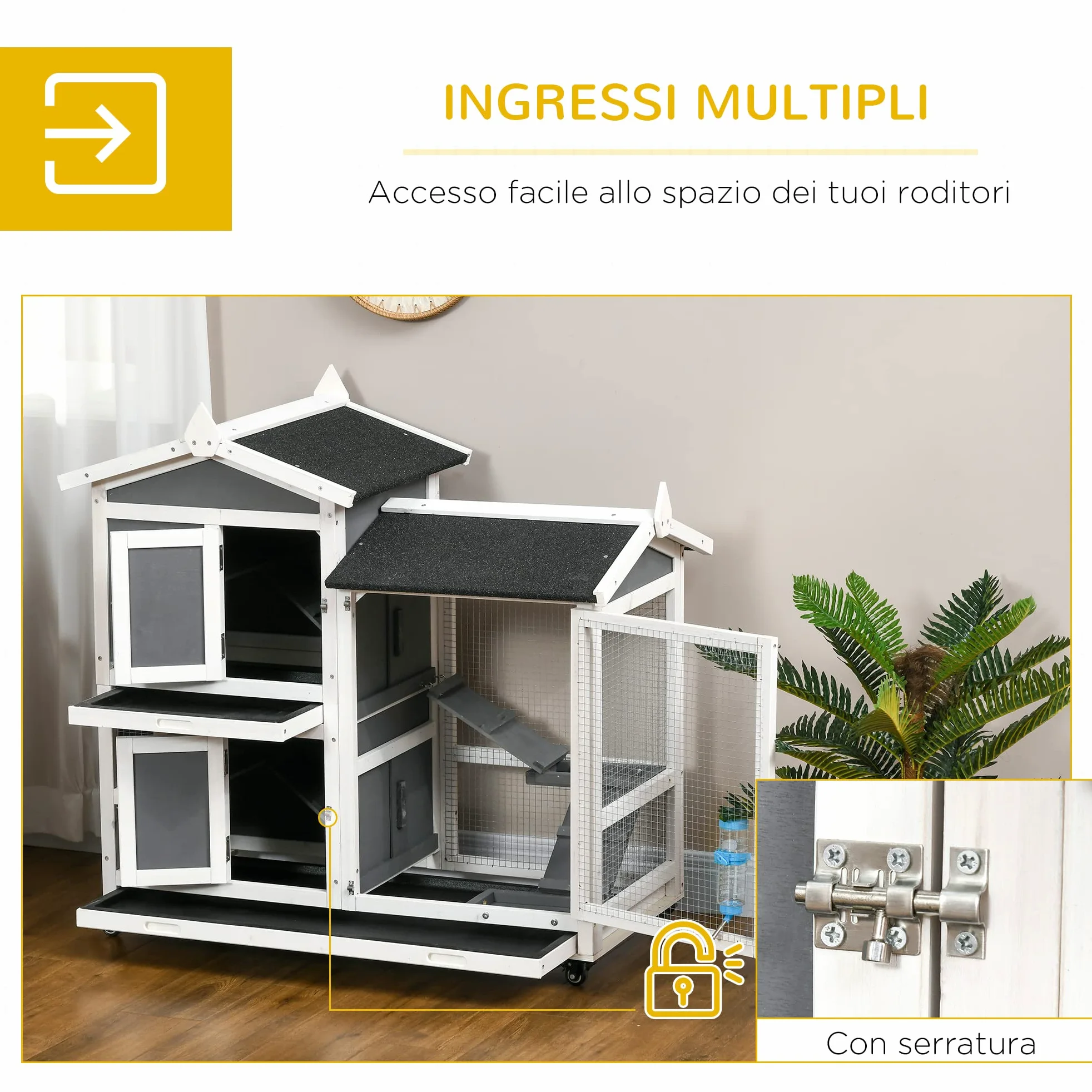 PawHut Conigliera da Esterno per 2 Conigli in Legno d'Abete e Tetto in Bitume con Vassoio Estraibile e Area di Corsa Condivisa, 110x60x104 cm, Grigia e Bianca