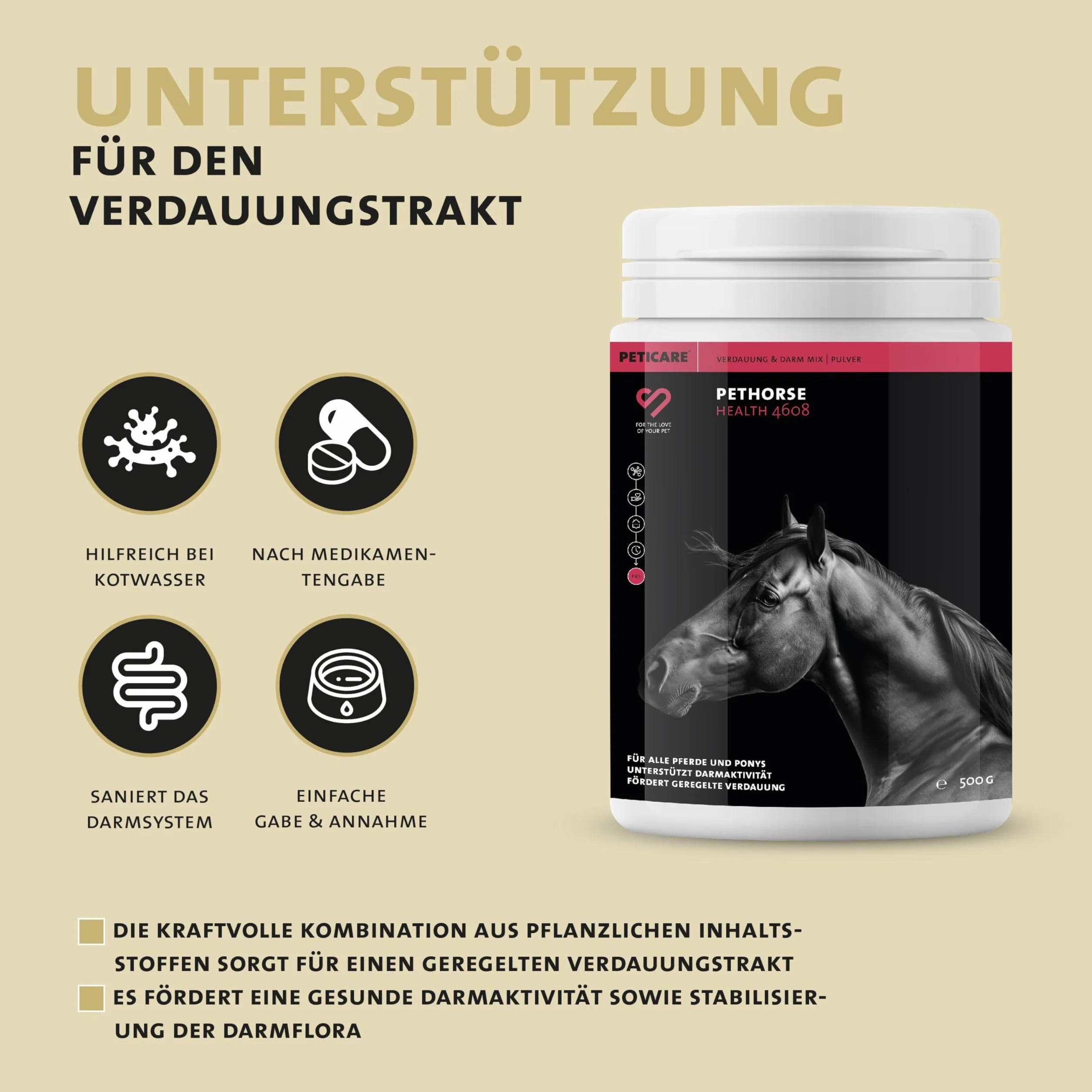 Peticare Polvere Digestione e Intestino Cavalli – Supporto Naturale per la Flora Intestinale – Con Fibre Prebiotiche ed Erbe – Integratore Gastrointestinale