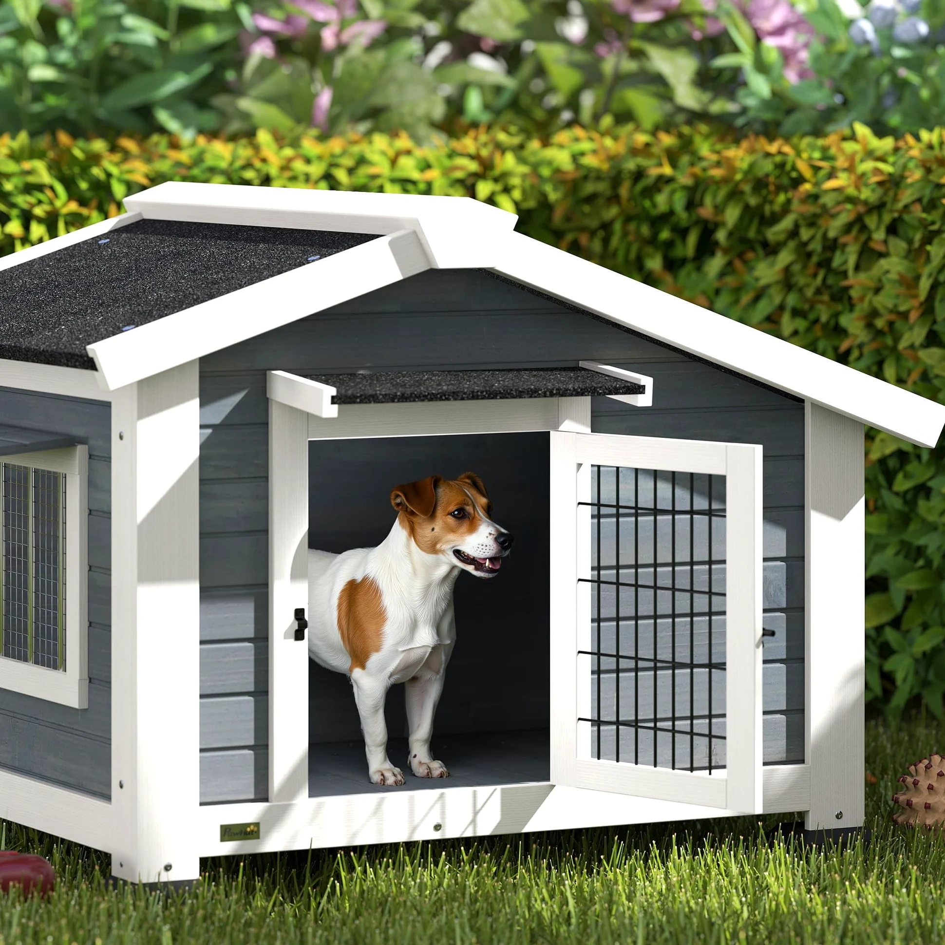PawHut Cuccia per Cani da Esterno in Legno, Casetta per Cani Rialzato con Tetto Spiovente Impermeabile, Finestra Apribile, Facile Pulizia, Porta Ventilata, per Cani Piccola Media, 98x76x69.5cm