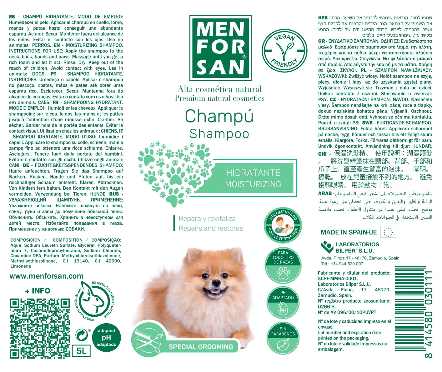 MENFORSAN Shampoo Idratante per Cani | Idrata in Profondità | Dona Lucentezza | Rivitalizza e Ripara | Elimina Cattivi Odori | Mela | 5L