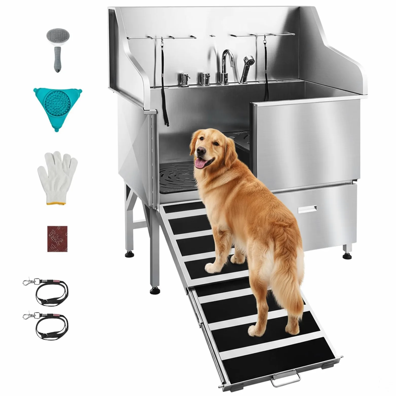 VEVOR Stazione di Lavaggio per Cani in Acciaio Inox, Vasca per Toelettatura per Animali Domestici di Grandi, Medie e Piccole Dimensioni da 127 cm con Rampa, Rubinetto e Porta Sapone, Porta Sinistra