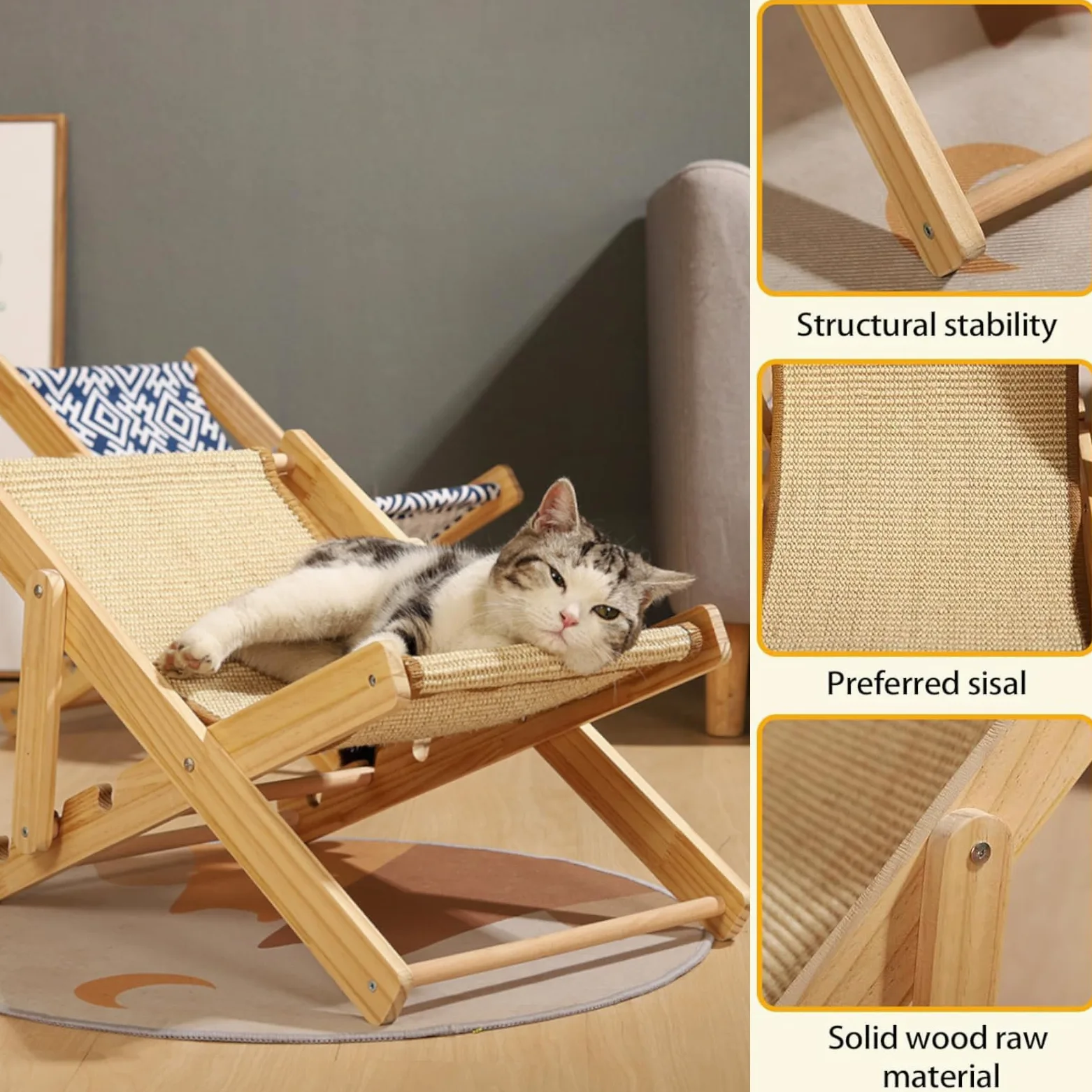 Cuccia Regolabile per Gatti, Poltrona per in Sisal, Amaca Pieghevole per Gatti, Capacità di Carico di 10 kg, Regolabile su 4 Livelli, per Cani di Piccola Taglia, Piccoli Animali