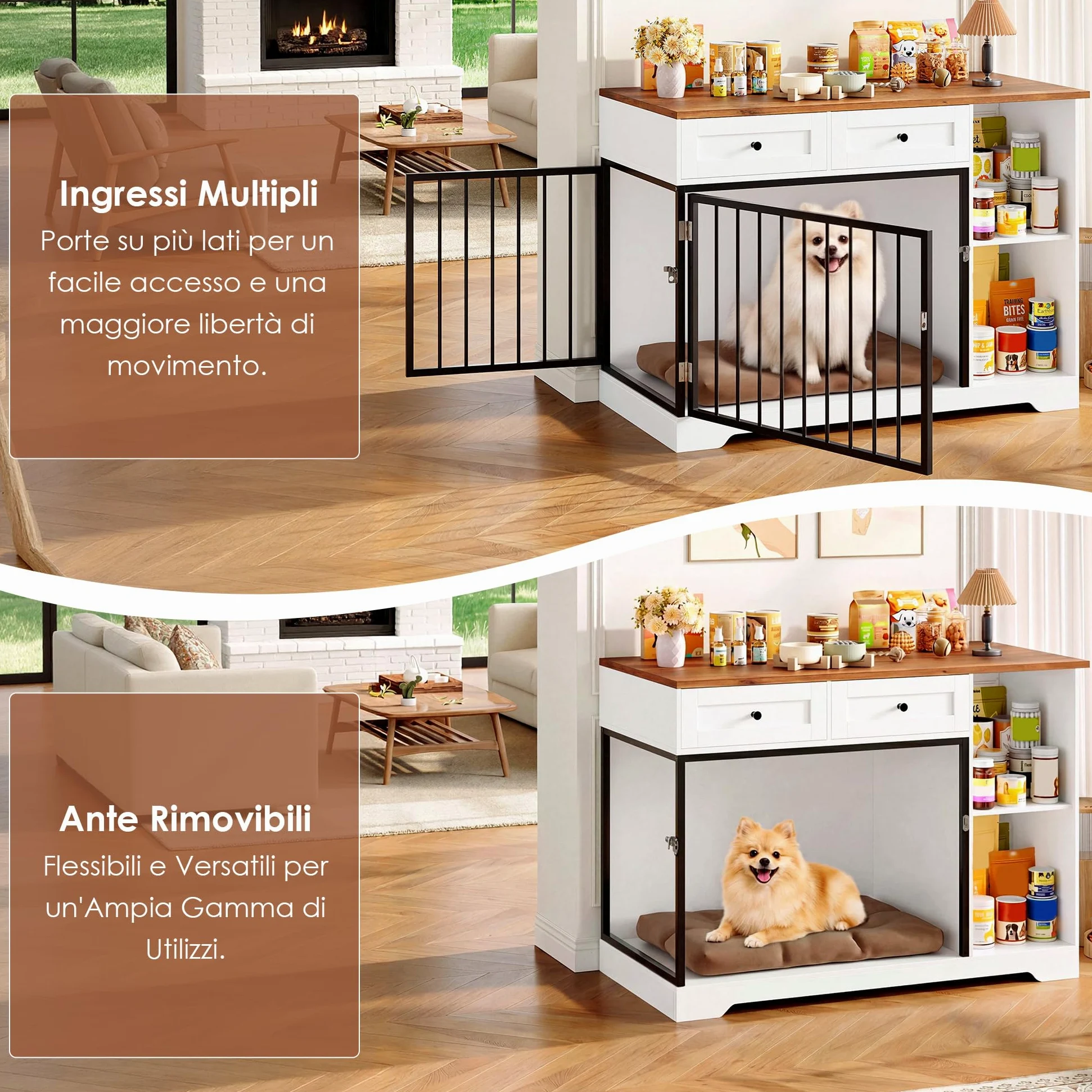 FirFurd 120cm Gabbia per Cani con 2 Porte, Kennel Cane Medio con 2 Cassetti e 2 Scomparti Aperti, Cuccia in Stile Mobili con Stoccaggio in Metallo e Legno, 120x60x87 cm (Bianco+Marrone)